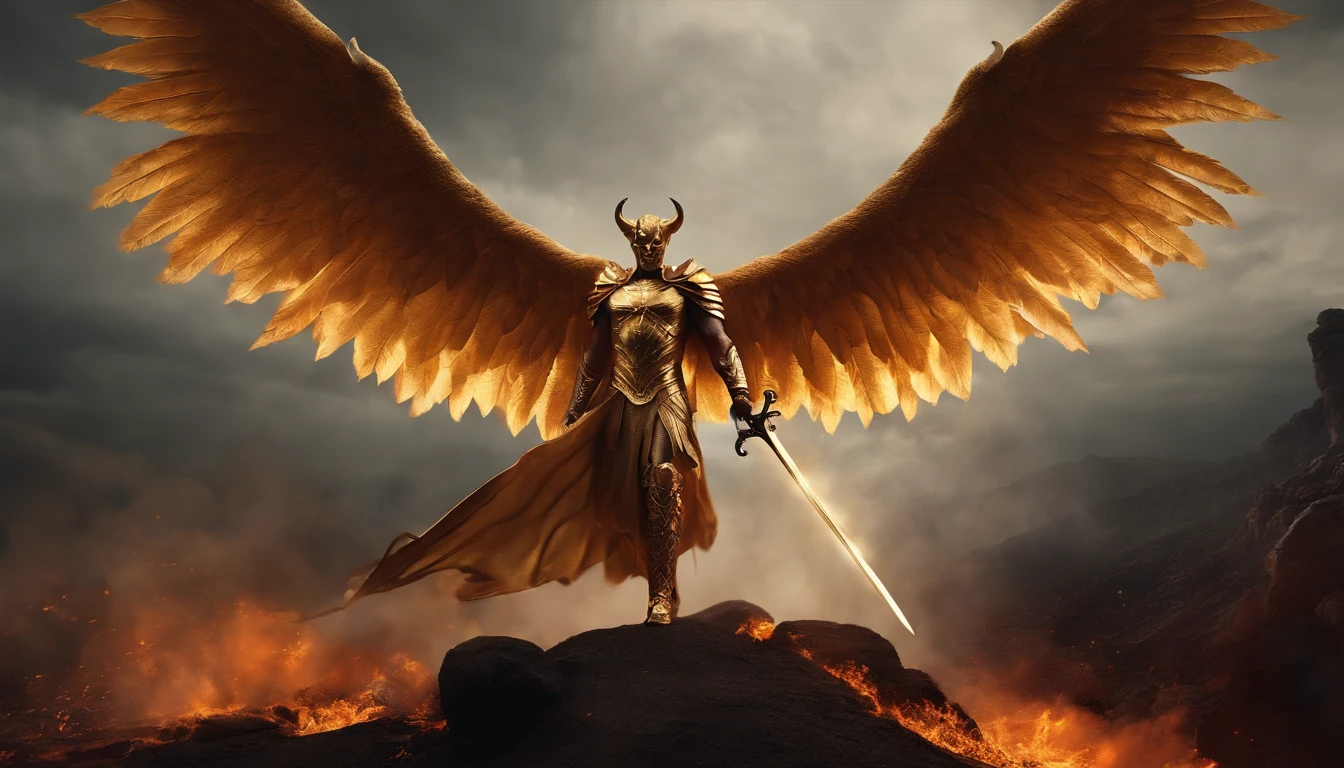 Ultra-realistic devil: A golden angel with wings spread with a fiery sword in his hand, flying over a gloomy battlefield, dark smoke setting