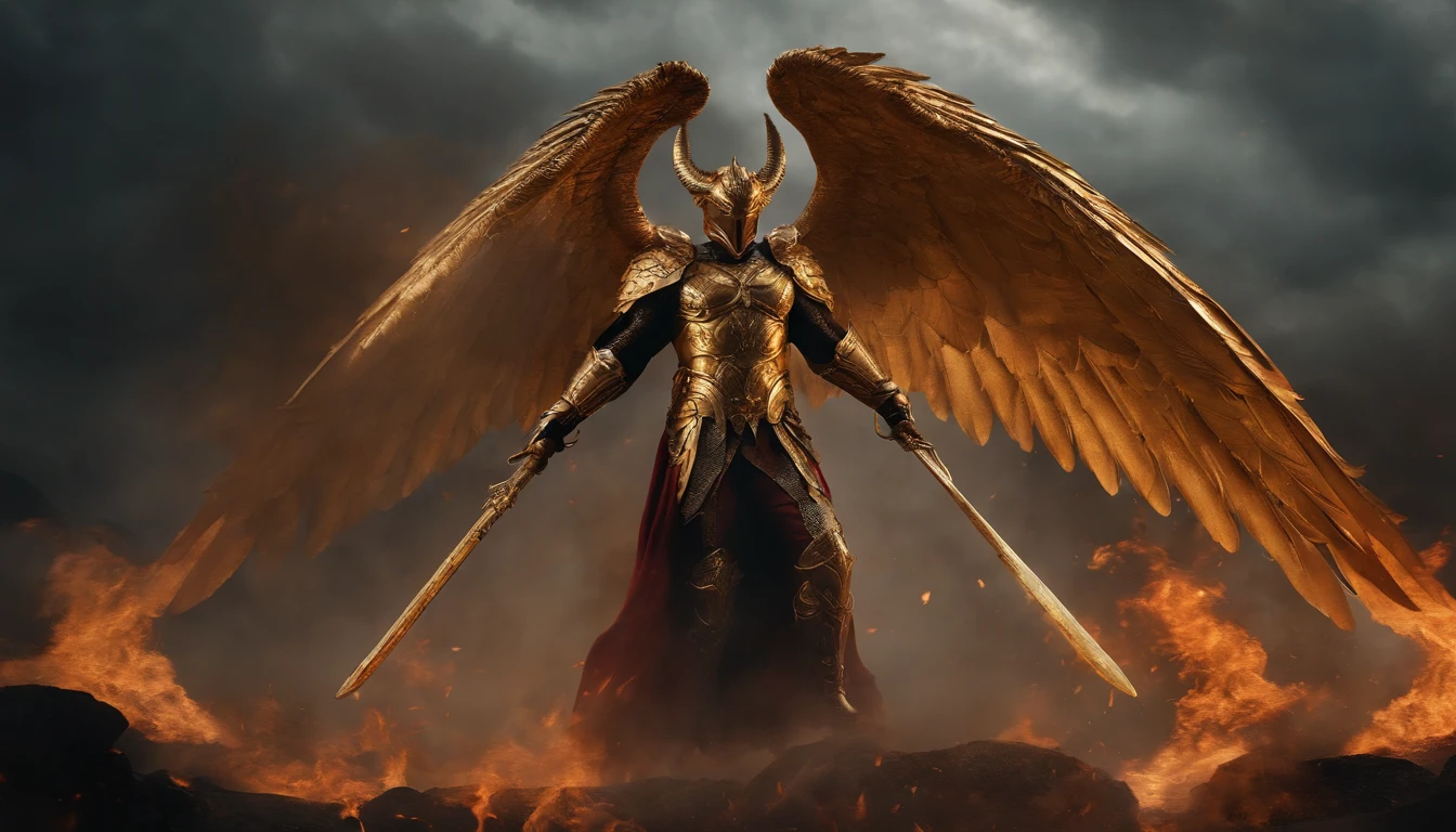 Ultra-realistic devil: A golden angel with wings spread with a fiery sword in his hand, flying over a gloomy battlefield, dark smoke setting