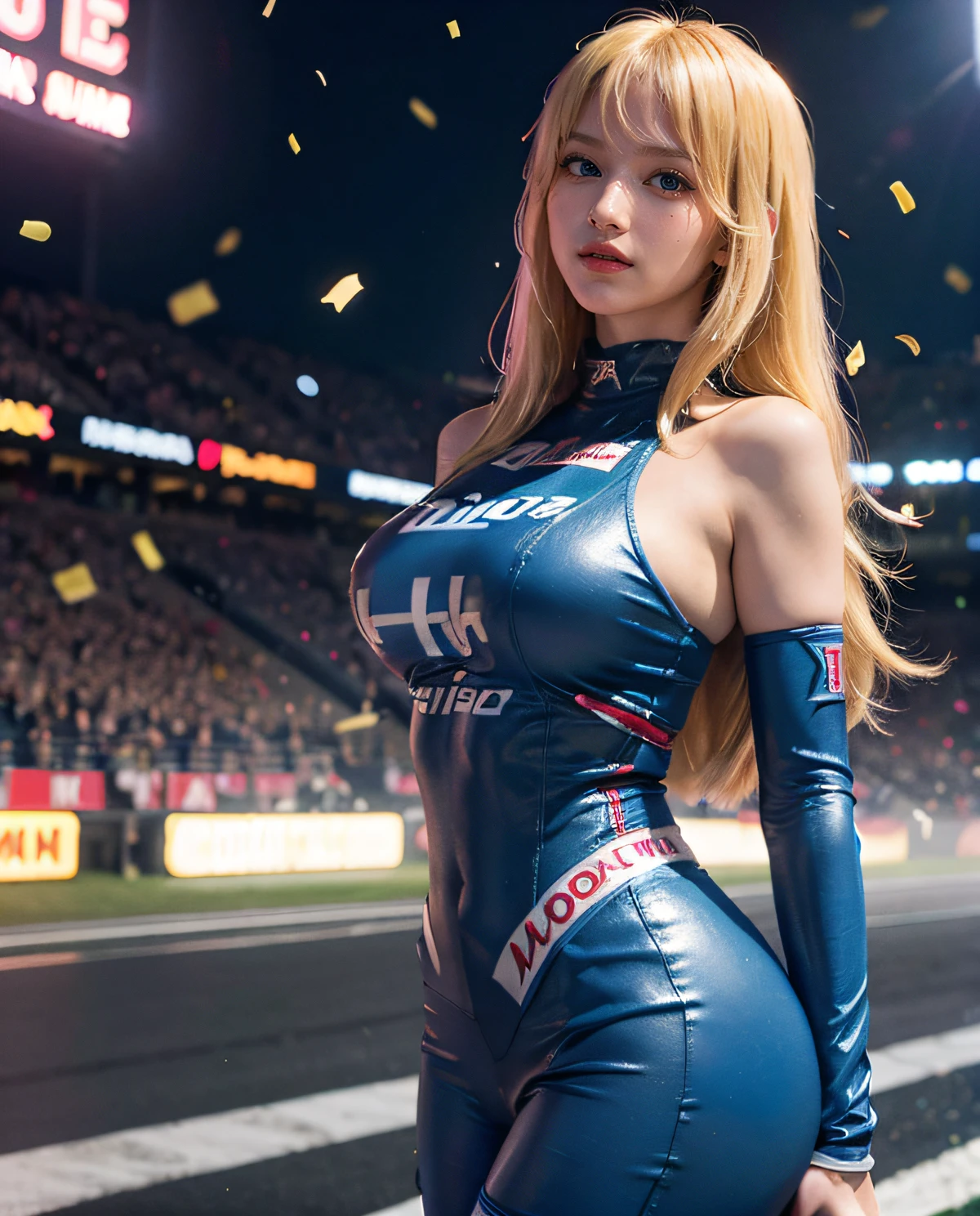 1girl, (Blue Eyes), smiling, (Sana Minatozaki), wide hips, Big Boobs, big ass, (Best Quality, 8k, Masterpiece: 1.3), perfect hands, Clear Focus: 1.2, Perfect Body Beauty: 1.4 , Slender Abs: 1.2, Highly detailed face and skin texture, detailed eyes, double eyelids, (blonde long hair with bangs), (full bodysuit with advertisements), (promotion girl), standing, dynamic pose, (on an incredible race track :1.2), illuminated by many bright lights, a lot of confetti falling, grandstand full of people in the background, deep on field