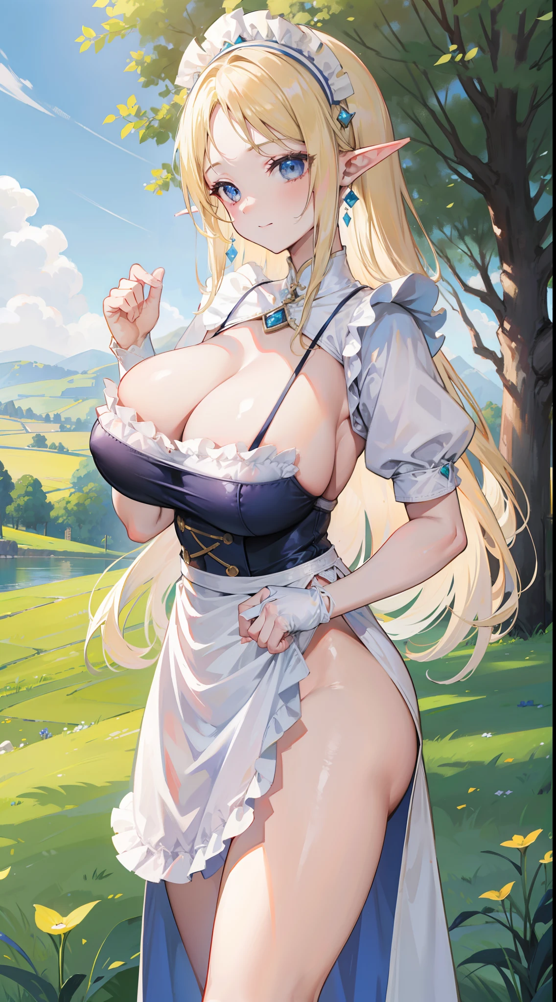 a beauty girl，Village girl，blonde with blue eyes，wearing apron，Countryside，zona rural，idyllic scenery，European Middle Ages，Toothy smile，Forehead，Forehead exposed，huge tit，Side breasts，耳Nipple Ring，Side waist slit，stocklings，mitts，((Side breasts))，Lace-up panties，pantiess，((huge tit))，(Pubic bone)，(Hold your hands on your chest)，(Elf Princess)