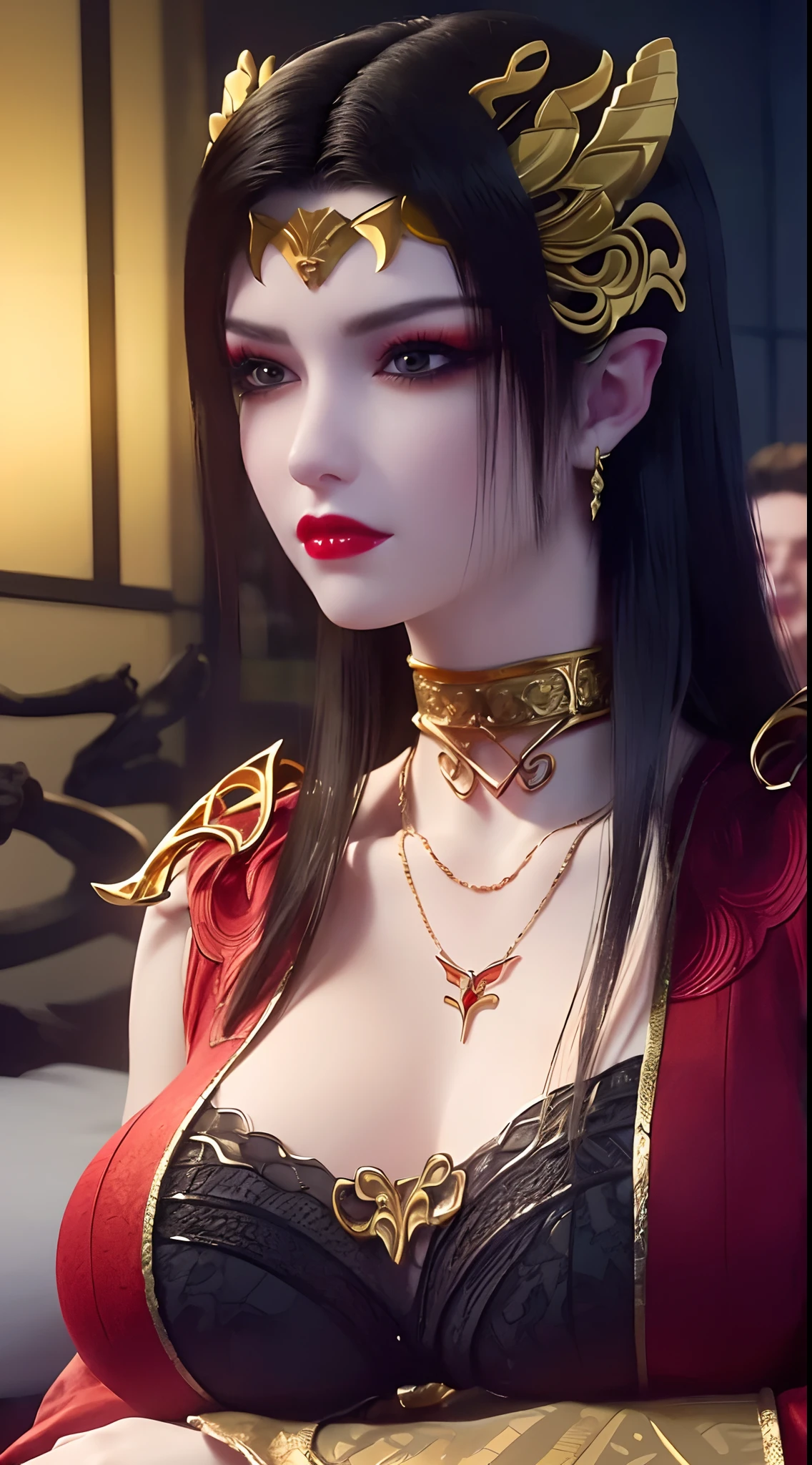 1 extremely beautiful queen, ((wearing traditional red hanfu with thin black patterns:1.6)), (((Patterns on clothes:1.6))), ((long black hair:1.6 )), elaborately crafted jewelry from precious stones and beautiful hair, (((wearing a 24k gold lace necklace:1.4))), noble, noble style of an extremely beautiful girl, Super cute little face, very pretty face, thin eyebrows, flawless beautiful face, ((black eye pupils: 0.8)), very beautiful eyes, ((platinum blue eyes: 1 ,6)), (((wide eyes: 1.6))), beautiful and detailed makeup, wet eye makeup eyelashes, high nose, earrings, red lips, ((closed mouth: 1.5) ) beautiful lips, slim arms, most beautiful thighs, ((arms behind and spread out to the sides: 1.5)), ((bent sitting position with chest out toward the audience and arms behind: 1.6) ), rosy face, clean face, flawless beautiful face, smooth white skin, (( super big and round firm breasts: 1.8)), firm breasts, beautiful cleavage, beautiful breasts, body perfect and proportioned, back arms, open chest, black sheer stockings with black lace trim, 8k photo, super high quality, hyper realistic, super 10 x pixel, optical, bright studio, bright edges, lighting two-tone, (high detail skin: 1.2), ultra 8k, soft light, high quality, volumetric light, optical, optical high resolution, light, best shot, quality 4k, 8k, smooth sharpness, 10 x pixels, ((sea and moonlight at night background: 1.5)), surreal graphics, most realistic graphics, 1 girl, alone, solo, extreme visuals sharp, surreal, (((frontal portrait: 1)))."