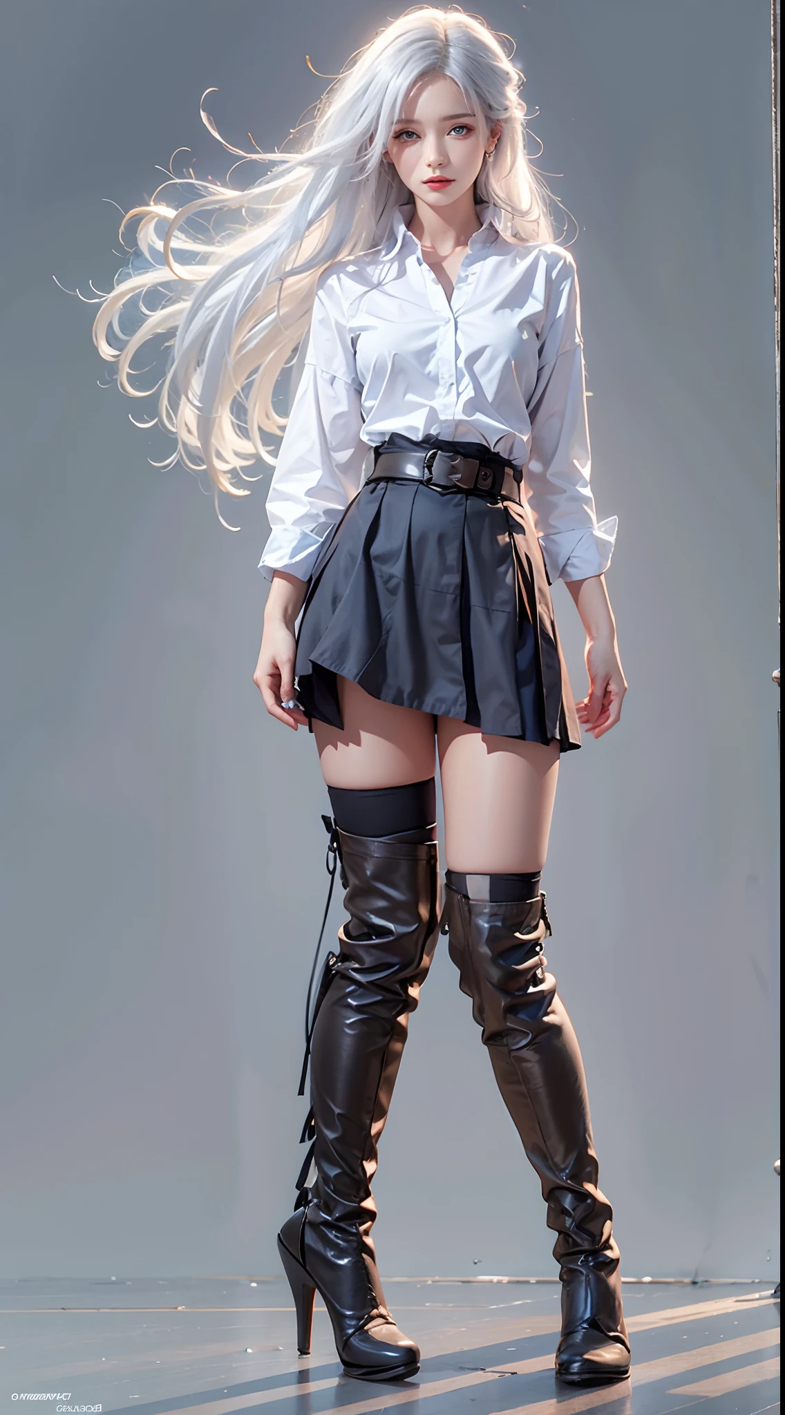 photorealistic, high resolution, soft lights, 1women, solo, hips up, blue eyes, white hair, long hair, shirt, skirt, thigh highs