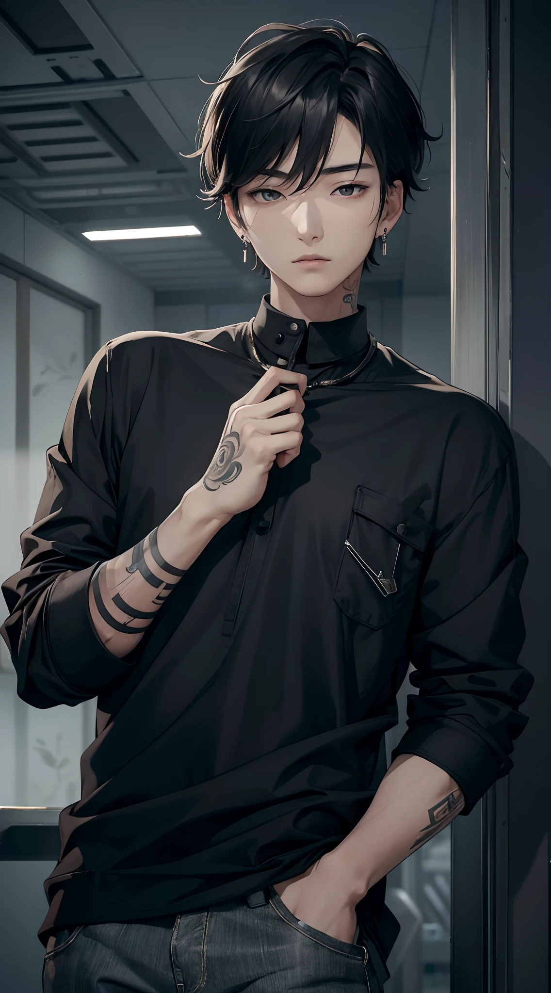 (masterpiece),(high resolution),(high quality), young korean man, broad shoulders,tattoo on neck,wearing earrings,black shirt, Cold face, one hand in his pocket