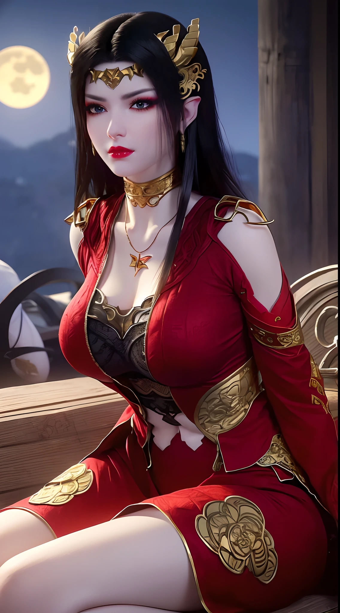 1 extremely beautiful queen, ((wearing traditional red hanfu with thin black patterns:1.6)), (((Patterns on clothes:1.6))), ((long black hair:1.6 )), elaborately crafted jewelry from precious stones and beautiful hair, (((wearing a 24k gold lace necklace:1.4))), noble, noble style of an extremely beautiful girl, Super cute little face, very pretty face, thin eyebrows, flawless beautiful face, ((black eye pupils: 0.8)), very beautiful eyes, ((platinum blue eyes: 1 ,6)), (((wide eyes: 1.6))), beautiful and detailed makeup, wet eye makeup eyelashes, high nose, earrings, red lips, ((closed mouth: 1.5) ) beautiful lips, slim arms, most beautiful thighs, ((arms behind and spread out to the sides: 1.5)), ((bent sitting position with chest out toward the audience and arms behind: 1.6) ), rosy face, clean face, flawless beautiful face, smooth white skin, (( super big and round firm breasts: 1.8)), firm breasts, beautiful cleavage, beautiful breasts, body perfect and proportioned, back arms, open chest, black sheer stockings with black lace trim, 8k photo, super high quality, hyper realistic, super 10 x pixel, optical, bright studio, bright edges, lighting two-tone, (high detail skin: 1.2), ultra 8k, soft light, high quality, volumetric light, optical, optical high resolution, light, best shot, quality 4k, 8k, smooth sharpness, 10 x pixels, ((sea and moonlight at night background: 1.5)), surreal graphics, most realistic graphics, 1 girl, alone, solo, extreme visuals sharp, surreal, (((frontal portrait: 1)))."