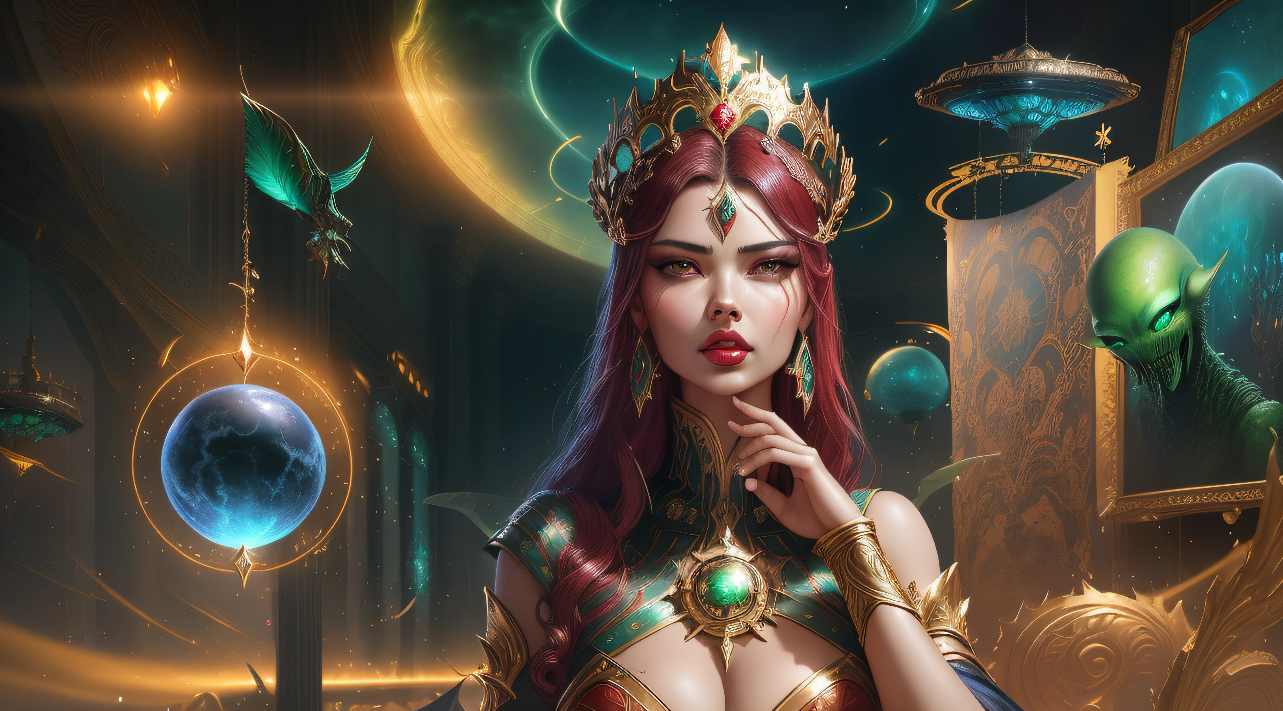 there is a woman (Adriana Lima :1.1) red lips, green eyes with a crown and a alien in a room, fantasy art behance, a beautiful fantasy empress, karol bak uhd, detailed fantasy digital art, epic fantasy art style hd, digital fantasy art ), fantasy style art, digital 2d fantasy art, detailed digital 2d fantasy art, beautiful celestial mage, devianart and cgsociety