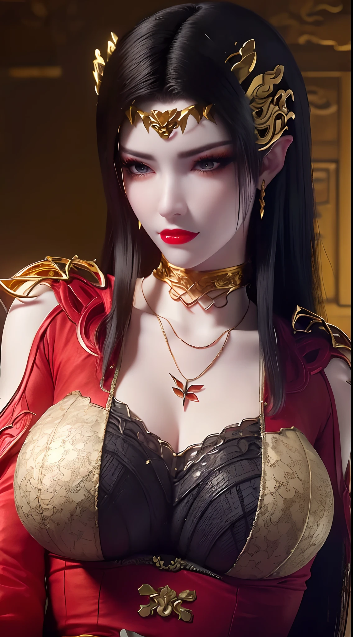 1 extremely beautiful queen, ((wearing traditional red hanfu with thin black patterns:1.6)), (((Patterns on clothes:1.6))), ((long black hair:1.6 )), elaborately crafted jewelry from precious stones and beautiful hair, (((wearing a 24k gold lace necklace:1.4))), noble, noble style of an extremely beautiful girl, Super cute little face, very pretty face, thin eyebrows, flawless beautiful face, ((black eye pupils: 0.8)), very beautiful eyes, ((platinum blue eyes: 1 ,6)), (((wide eyes: 1.6))), beautiful and detailed makeup, wet eye makeup eyelashes, high nose, earrings, red lips, ((closed mouth: 1.5) ) beautiful lips, slim arms, most beautiful thighs, ((arms behind and spread out to the sides: 1.5)), ((bent sitting position with chest out toward the audience and arms behind: 1.6) ), rosy face, clean face, flawless beautiful face, smooth white skin, (( super big and round firm breasts: 1.8)), firm breasts, beautiful cleavage, beautiful breasts, body perfect and proportioned, back arms, open chest, black sheer stockings with black lace trim, 8k photo, super high quality, hyper realistic, super 10 x pixel, optical, bright studio, bright edges, lighting two-tone, (high detail skin: 1.2), ultra 8k, soft light, high quality, volumetric light, optical, optical high resolution, light, best shot, quality 4k, 8k, smooth sharpness, 10 x pixels, ((sea and moonlight at night background: 1.5)), surreal graphics, most realistic graphics, 1 girl, alone, solo, extreme visuals sharp, surreal, (((frontal portrait: 1)))."