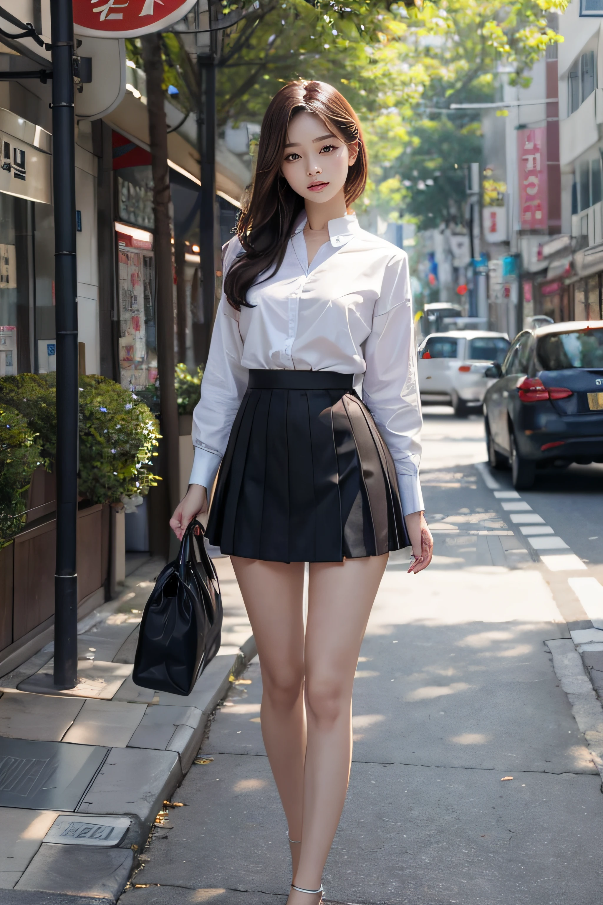 standing on one leg crossed, Belly tea, Short skirt, (Best Quality, 4k, high resolucion), Ultra-detailed, (Photorealistic:1.37), Vivid colors, Beautiful Korean Woman, Vivid faces, 20-year-old female college student, Full-body photograph, bright look, Sunny weather, The streets of Seoul, large full breasts, Very pleasant expression, Angular sternness