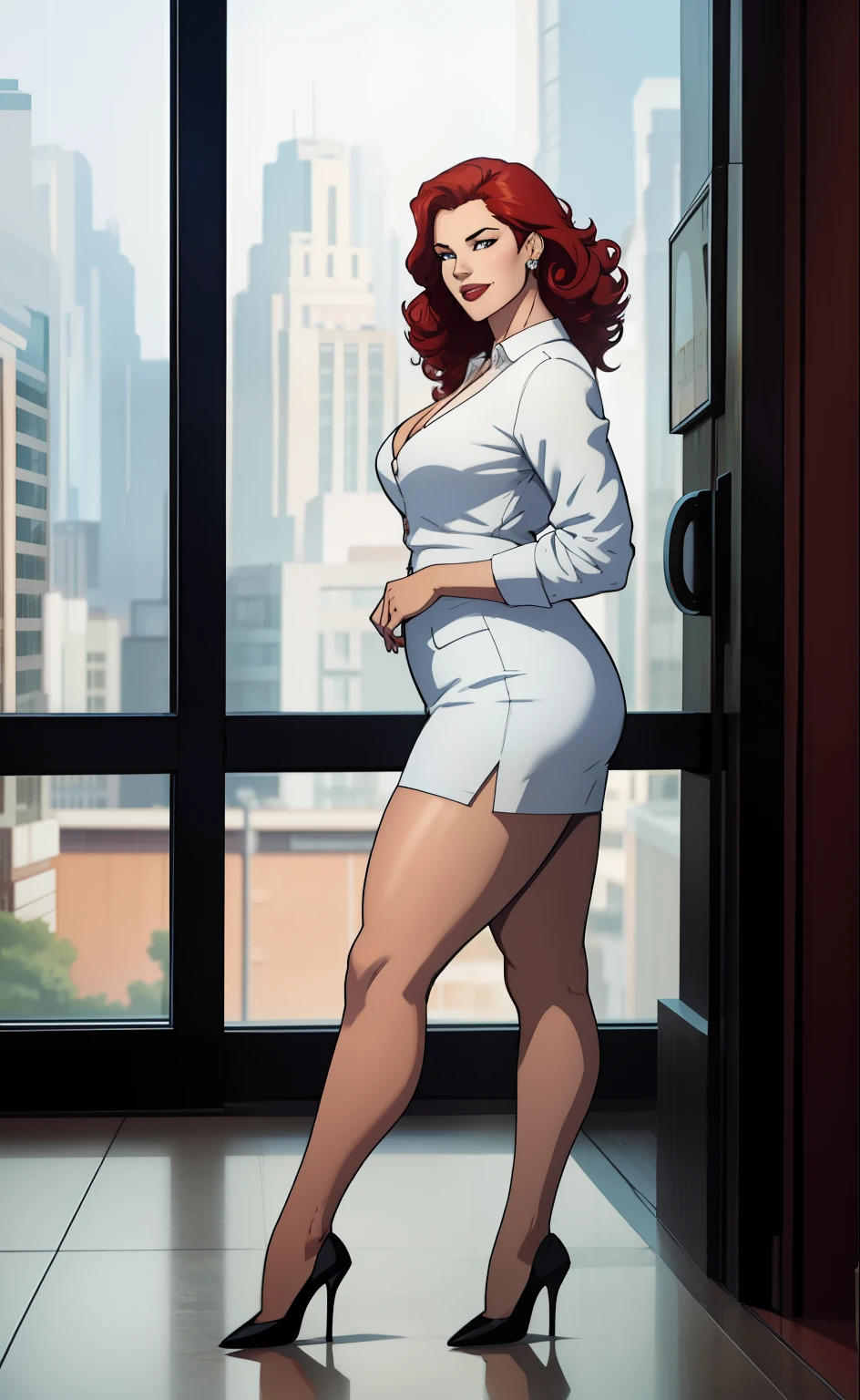 Best quality, solo woman, chubby physique, (small breasts) pretty, seductive smile, mid length curly pretty red hair, white business casual outfit, high heels, (full body) earrings, makeup, full lips, seductive, mature