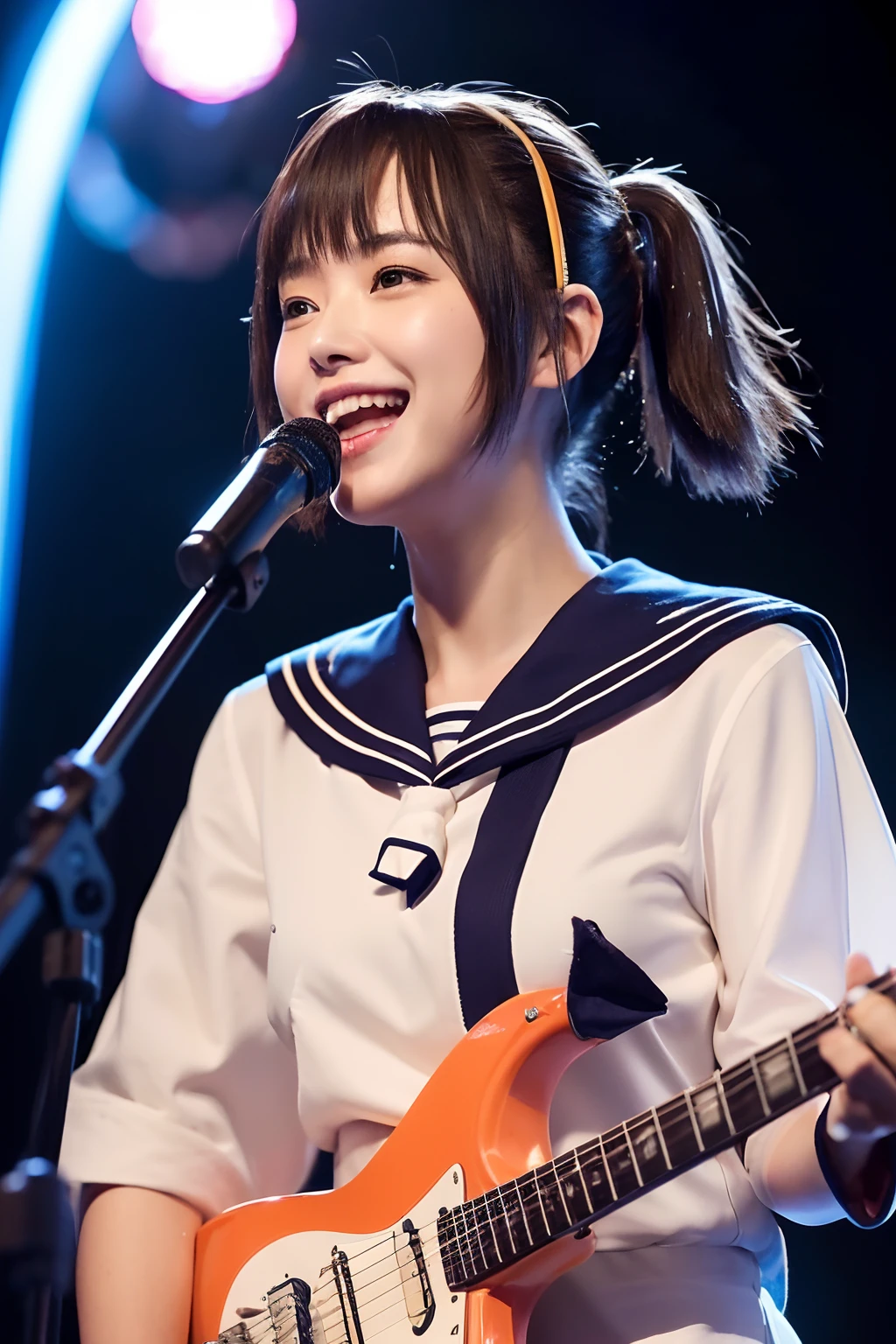 electric guitars、Japan Solo Idol,Pretty girl,A smile that makes the viewer happy,Light brown and orange two-tone shorthair,Floating hair,poneyTail、Unkempt hair,Red cheeks,red lipsticks,Stand in front of the microphone stand、(plays the electric guitar:1.3),sings,(Student Sailor Uniform:1.3)、Studio Lighting、(My whole body is drenched in sweat,Costume wet with sweat,hair wet with sweat,Face wet with sweat,Body wet with sweat,Skin shiny with sweat,), (masutepiece,top-quality,Ultra-high resolution output image,)