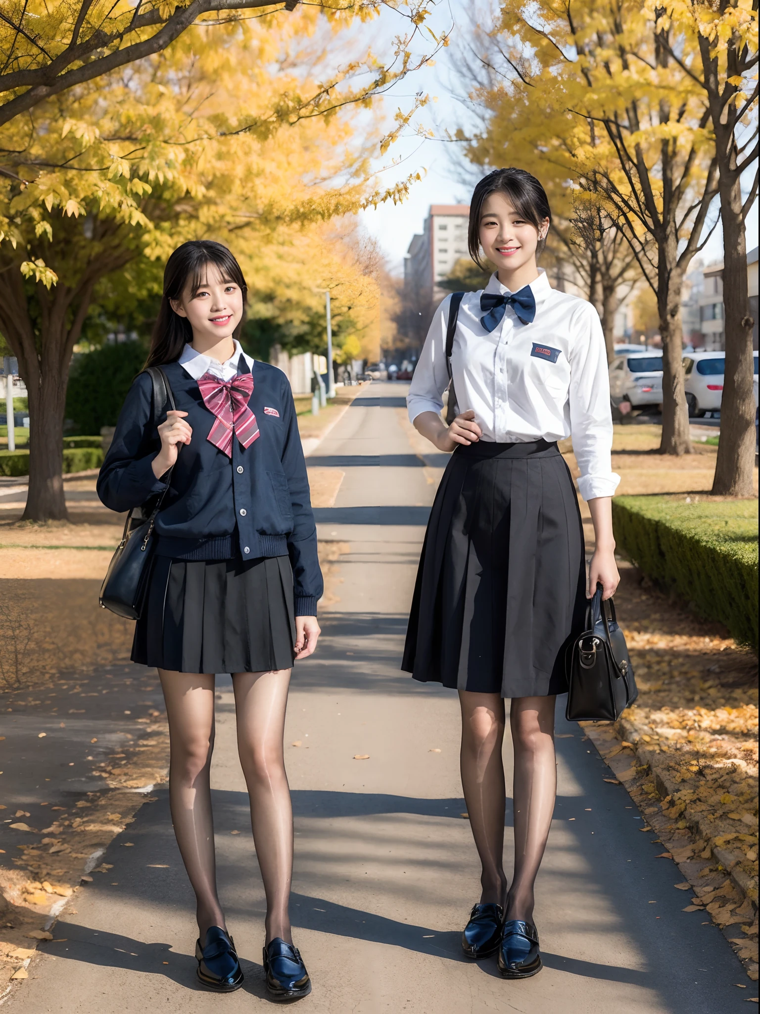 Beautiful detailed woman,very detailed eyes and faces, A detailed eye, ultra - detailed, A high resolution, The is very detailed,best qualtiy,illustratio,unified,8k 壁纸,tmasterpiece,best qualtiy,one-girl,Delicate girl,Slightly chubby figure,plumw,full bodyesbian,Casual pose,student clothes,校服,The shirt,neck bowtie,pleatedskirt,High socks,Small leather shoes,carryng bag