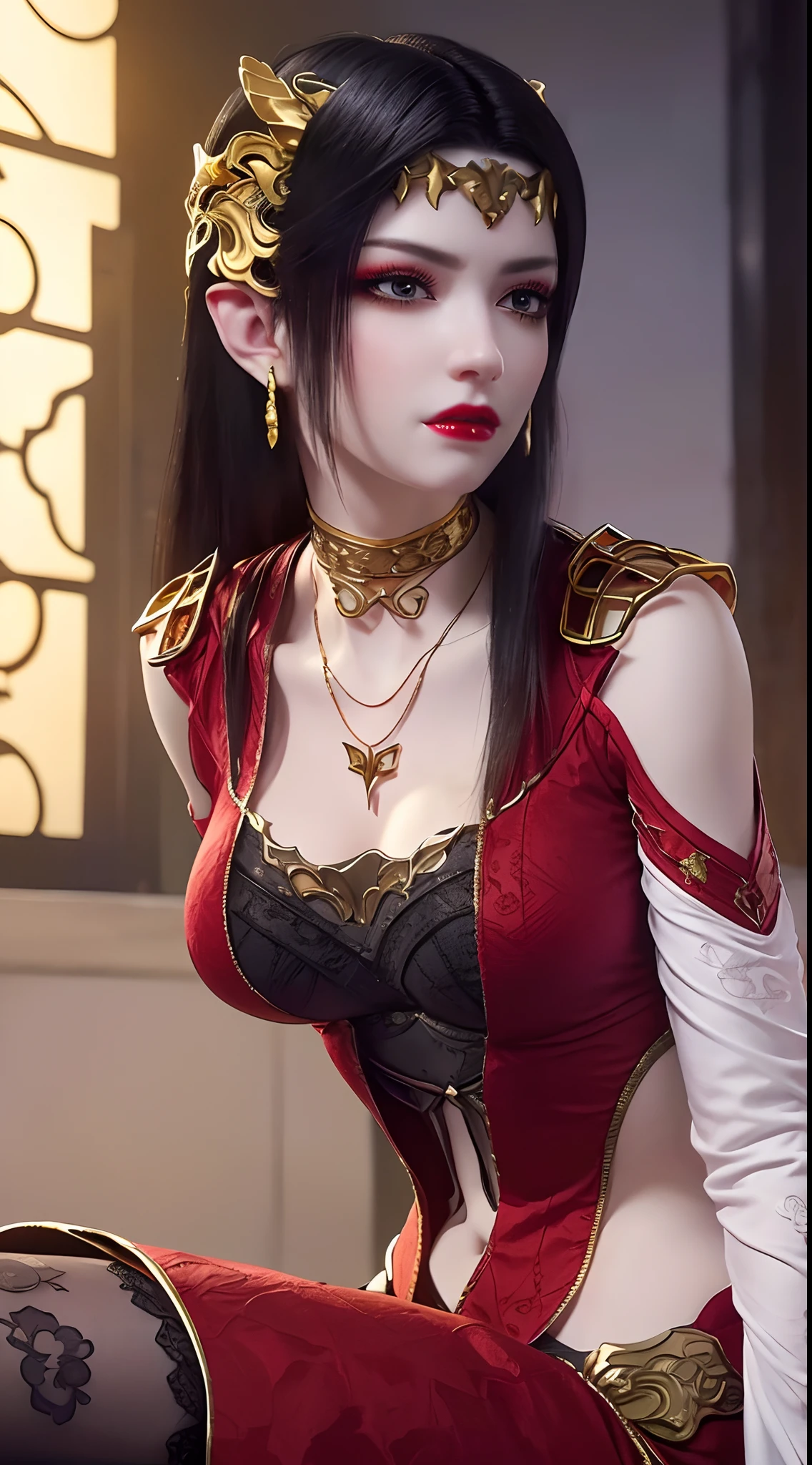 1 extremely beautiful queen, ((wearing traditional red hanfu with thin black patterns:1.6)), (((Patterns on clothes:1.6))), ((long black hair:1.6 )), elaborately crafted jewelry from precious stones and beautiful hair, (((wearing a 24k gold lace necklace:1.4))), noble, noble style of an extremely beautiful girl, Super cute little face, very pretty face, thin eyebrows, flawless beautiful face, ((black eye pupils: 0.8)), very beautiful eyes, ((platinum blue eyes: 1 ,6)), (((wide eyes: 1.6))), beautiful and detailed makeup, wet eye makeup eyelashes, high nose, earrings, red lips, ((closed mouth: 1.5) ) beautiful lips, slim arms, most beautiful thighs, ((arms behind and spread out to the sides: 1.5)), ((bent sitting position with chest out toward the audience and arms behind: 1.6) ), rosy face, clean face, flawless beautiful face, smooth white skin, (( super big and round firm breasts: 1.8)), firm breasts, beautiful cleavage, beautiful breasts, body perfect and proportioned, back arms, open chest, black sheer stockings with black lace trim, 8k photo, super high quality, hyper realistic, super 10 x pixel, optical, bright studio, bright edges, lighting two-tone, (high detail skin: 1.2), ultra 8k, soft light, high quality, volumetric light, optical, optical high resolution, light, best shot, quality 4k, 8k, smooth sharpness, 10 x pixels, ((sea and moonlight at night background: 1.5)), surreal graphics, most realistic graphics, 1 girl, alone, solo, extreme visuals sharp, surreal, (((frontal portrait: 1)))."