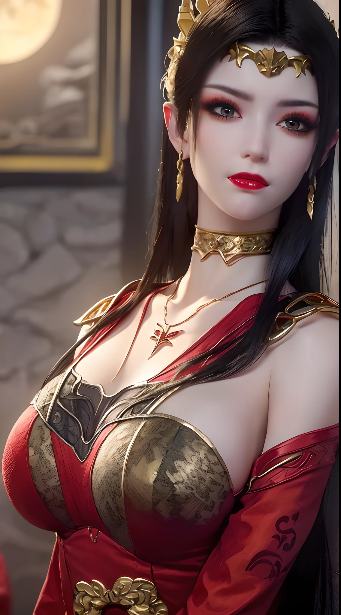 1 extremely beautiful queen, ((wearing traditional red hanfu with thin black patterns:1.6)), (((Patterns on clothes:1.6))), ((long black hair:1.6 )), elaborately crafted jewelry from precious stones and beautiful hair, (((wearing a 24k gold lace necklace:1.4))), noble, noble style of an extremely beautiful girl, Super cute little face, very pretty face, thin eyebrows, flawless beautiful face, ((black eye pupils: 0.8)), very beautiful eyes, ((platinum blue eyes: 1 ,6)), (((wide eyes: 1.6))), beautiful and detailed makeup, wet eye makeup eyelashes, high nose, earrings, red lips, ((closed mouth: 1.5) ) beautiful lips, slim arms, most beautiful thighs, ((arms behind and spread out to the sides: 1.5)), ((bent sitting position with chest out toward the audience and arms behind: 1.6) ), rosy face, clean face, flawless beautiful face, smooth white skin, (( super big and round firm breasts: 1.8)), firm breasts, beautiful cleavage, beautiful breasts, body perfect and proportioned, back arms, open chest, black sheer stockings with black lace trim, 8k photo, super high quality, hyper realistic, super 10 x pixel, optical, bright studio, bright edges, lighting two-tone, (high detail skin: 1.2), ultra 8k, soft light, high quality, volumetric light, optical, optical high resolution, light, best shot, quality 4k, 8k, smooth sharpness, 10 x pixels, ((sea and moonlight at night background: 1.5)), surreal graphics, most realistic graphics, 1 girl, alone, solo, extreme visuals sharp, surreal, (((frontal portrait: 1)))."