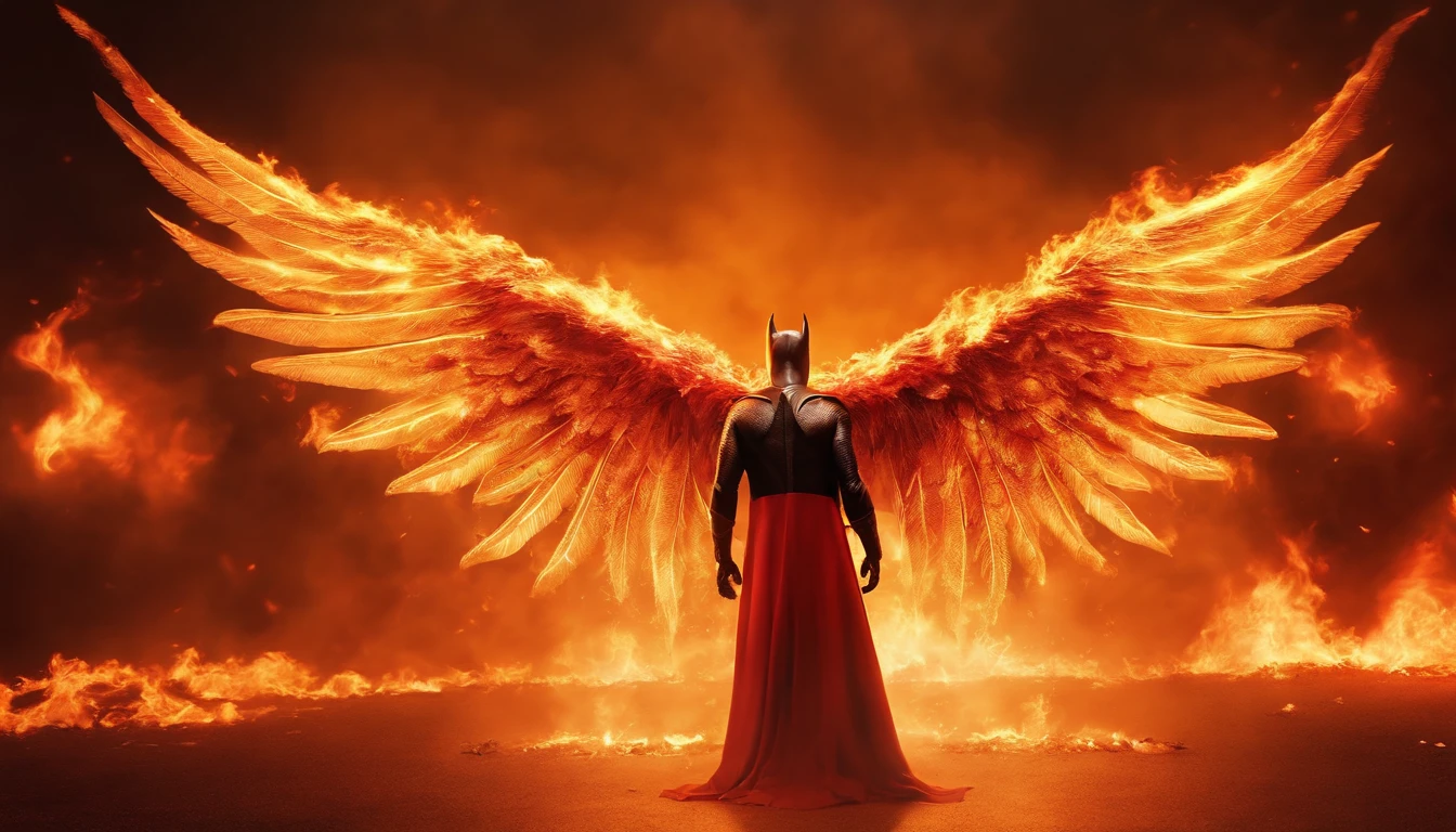 Ultra-realistic devil: A golden angel with wings spread fighting batman, fire in the background