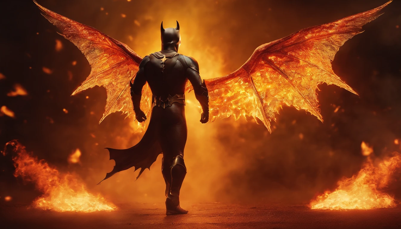 Ultra-realistic devil: A golden angel with wings spread fighting batman, fire in the background