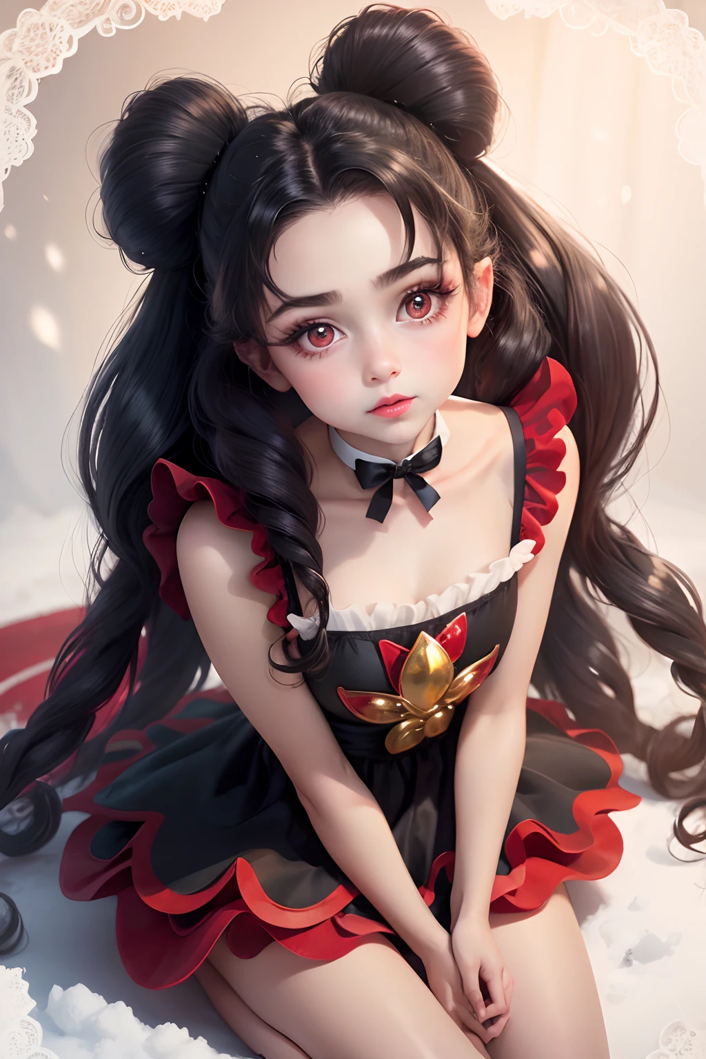 beautiful face, big eyes, red lips, 1 girl, snow white, black long curly hair red bow in hair two buns, red and blue dress, wearing ballet slippers, innocence expression, close up, ballroom scenery