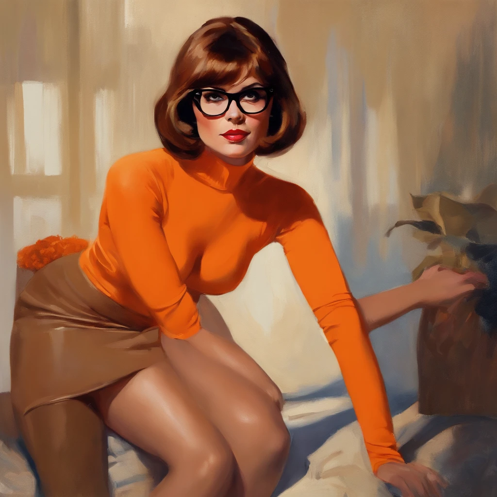 hyper detailed ((Velma Dinkley)), Incroyablement belle jeune femme, ?? sexy, brune, Cheveux courts sur un bob, Chiffre de sablier, (Tight orange turtleneck), (Braless), ((show through)), ((aroused)), Corps entier, (Socks with garters), pose dynamique, expression coquette, Visage parfait, Michael Garmash, Daniel F. Gerhartz, Clint Cearley, Excessive brightness, warm dreamy lighting, volumeric lighting, Pulp Adventure Style, acrylique fluide, dynamic gradients, Couleur audacieuse, Johan Grenier, Conception des personnages, Ombrage 3D, Fan box, cutscene, Encadrement organique, Couleurs vives et luxuriantes, TXAA, Alcohol painting, wet gouache