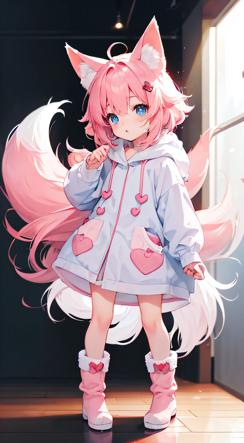 (Best quality,4K,A high resolution), Detailed eyes and lips, Pink furry fox ears, Long blue fox tail, Pink hair, Long boots, Standing posture, folding fan,without background,Blue frieze ,Blue robe