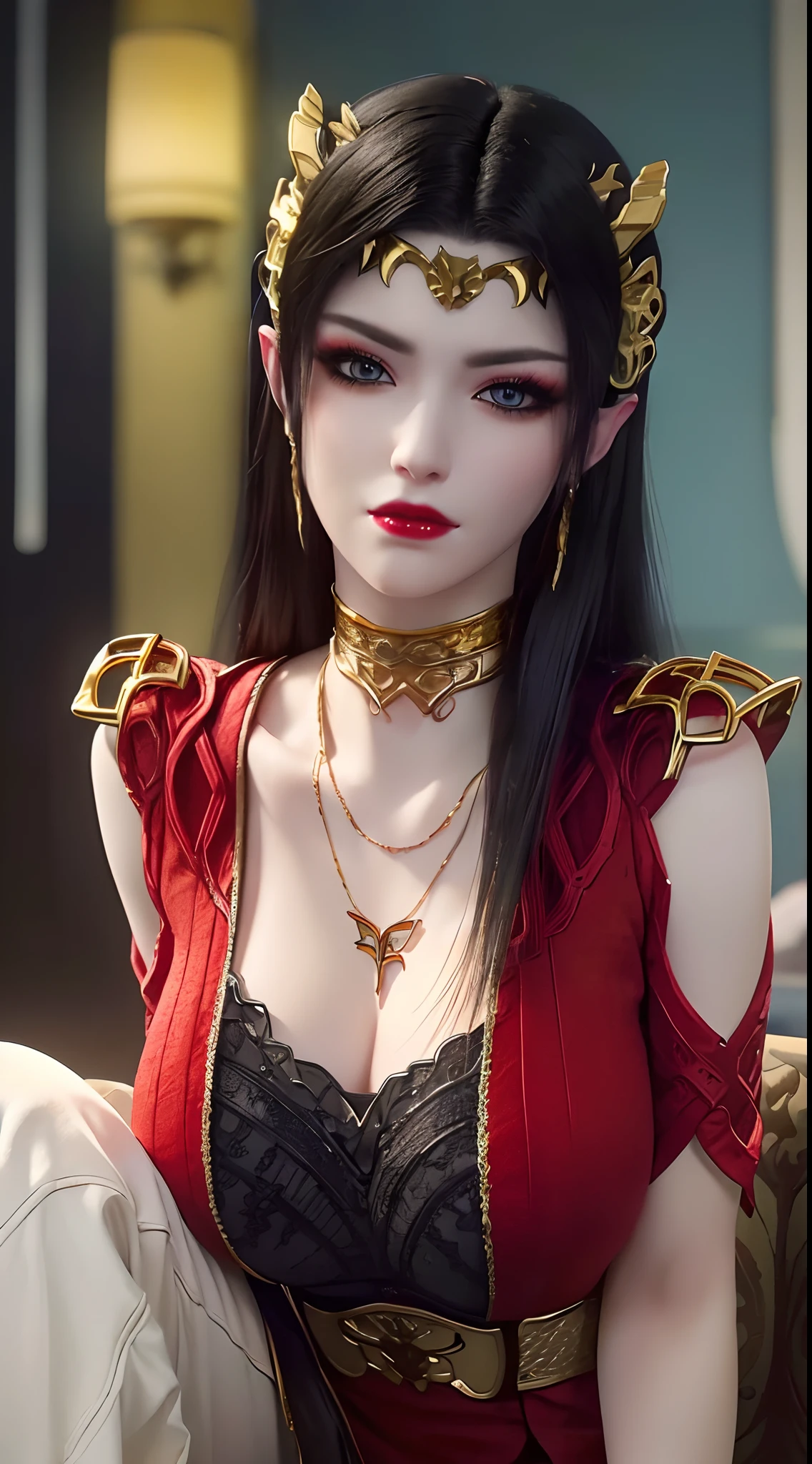 1 extremely beautiful queen, ((wearing traditional red hanfu with thin black patterns:1.6)), (((Patterns on clothes:1.6))), ((long black hair:1.6 )), elaborately crafted jewelry from precious stones and beautiful hair, (((wearing a 24k gold lace necklace:1.4))), noble, noble style of an extremely beautiful girl, Super cute little face, very pretty face, thin eyebrows, flawless beautiful face, ((black eye pupils: 0.8)), very beautiful eyes, ((platinum blue eyes: 1 ,6)), (((wide eyes: 1.6))), beautiful and detailed makeup, wet eye makeup eyelashes, high nose, earrings, red lips, ((closed mouth: 1.5) ) beautiful lips, slim arms, most beautiful thighs, ((arms behind and spread out to the sides: 1.5)), ((bent sitting position with chest out toward the audience and arms behind: 1.6) ), rosy face, clean face, flawless beautiful face, smooth white skin, (( super big and round firm breasts: 1.8)), firm breasts, beautiful cleavage, beautiful breasts, body perfect and proportioned, back arms, open chest, black sheer stockings with black lace trim, 8k photo, super high quality, hyper realistic, super 10 x pixel, optical, bright studio, bright edges, lighting two-tone, (high detail skin: 1.2), ultra 8k, soft light, high quality, volumetric light, optical, optical high resolution, light, best shot, quality 4k, 8k, smooth sharpness, 10 x pixels, ((sea and moonlight at night background: 1.5)), surreal graphics, most realistic graphics, 1 girl, alone, solo, extreme visuals sharp, surreal, (((frontal portrait: 1)))."