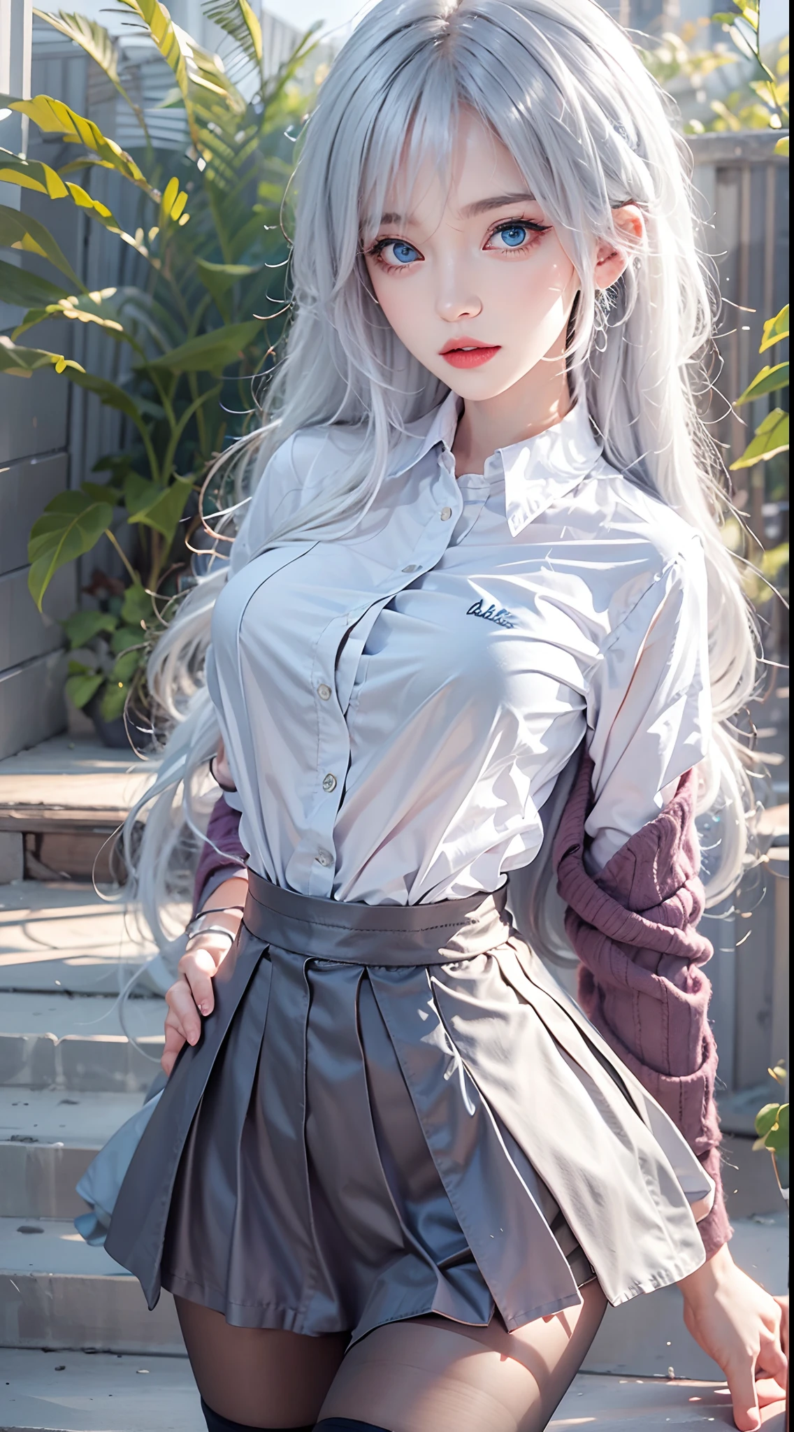 photorealistic, high resolution, soft lights, 1women, solo, hips up, blue eyes, white hair, long hair, shirt, skirt, thigh highs