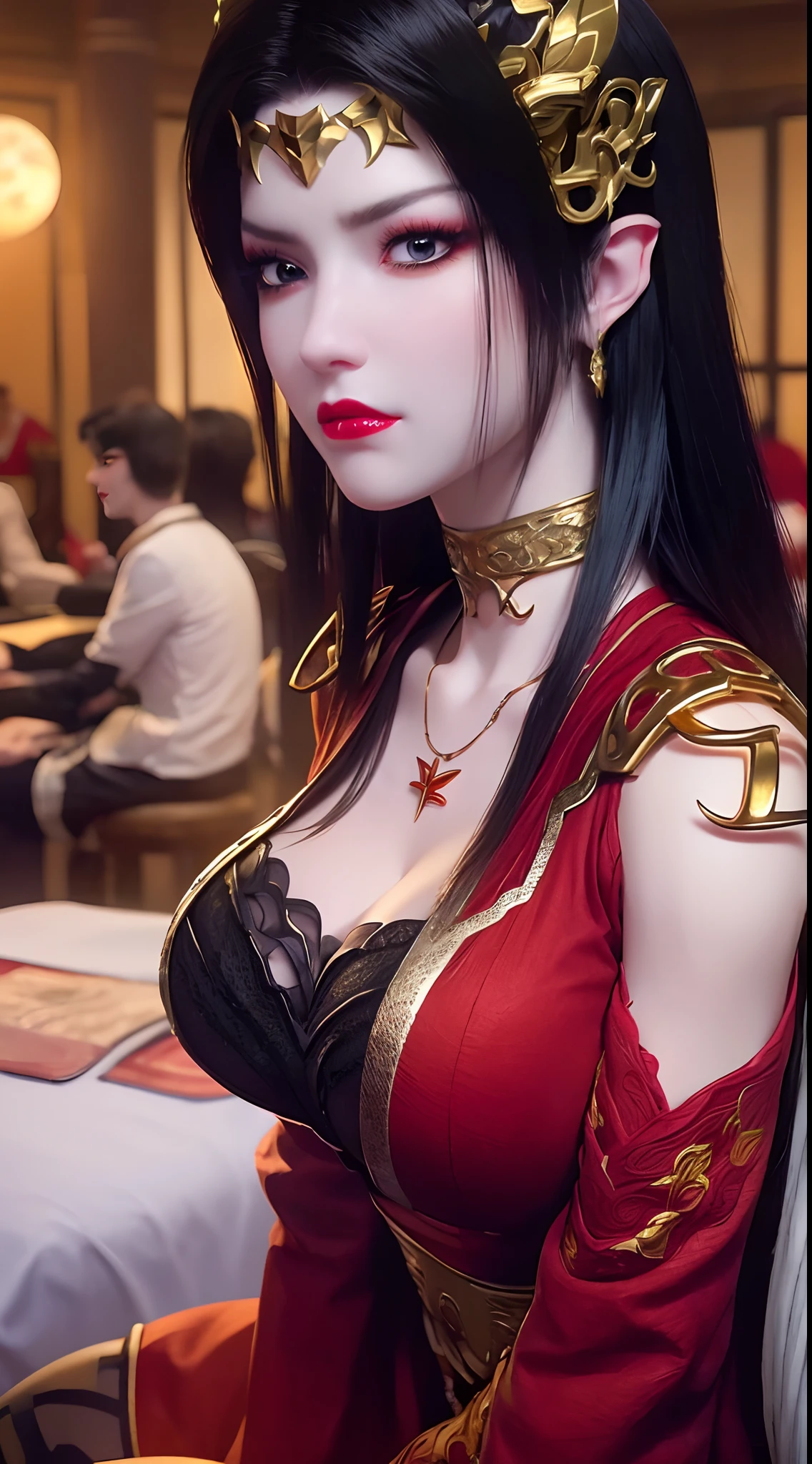 1 extremely beautiful queen, ((wearing traditional red hanfu with thin black patterns:1.6)), (((Patterns on clothes:1.6))), ((long black hair:1.6 )), elaborately crafted jewelry from precious stones and beautiful hair, (((wearing a 24k gold lace necklace:1.4))), noble, noble style of an extremely beautiful girl, Super cute little face, very pretty face, thin eyebrows, flawless beautiful face, ((black eye pupils: 0.8)), very beautiful eyes, ((platinum blue eyes: 1 ,6)), (((wide eyes: 1.6))), beautiful and detailed makeup, wet eye makeup eyelashes, high nose, earrings, red lips, ((closed mouth: 1.5) ) beautiful lips, slim arms, most beautiful thighs, ((arms behind and spread out to the sides: 1.5)), ((bent sitting position with chest out toward the audience and arms behind: 1.6) ), rosy face, clean face, flawless beautiful face, smooth white skin, (( super big and round firm breasts: 1.8)), firm breasts, beautiful cleavage, beautiful breasts, body perfect and proportioned, back arms, open chest, black sheer stockings with black lace trim, 8k photo, super high quality, hyper realistic, super 10 x pixel, optical, bright studio, bright edges, lighting two-tone, (high detail skin: 1.2), ultra 8k, soft light, high quality, volumetric light, optical, optical high resolution, light, best shot, quality 4k, 8k, smooth sharpness, 10 x pixels, ((sea and moonlight at night background: 1.5)), surreal graphics, most realistic graphics, 1 girl, alone, solo, extreme visuals sharp, surreal, (((frontal portrait: 1)))."