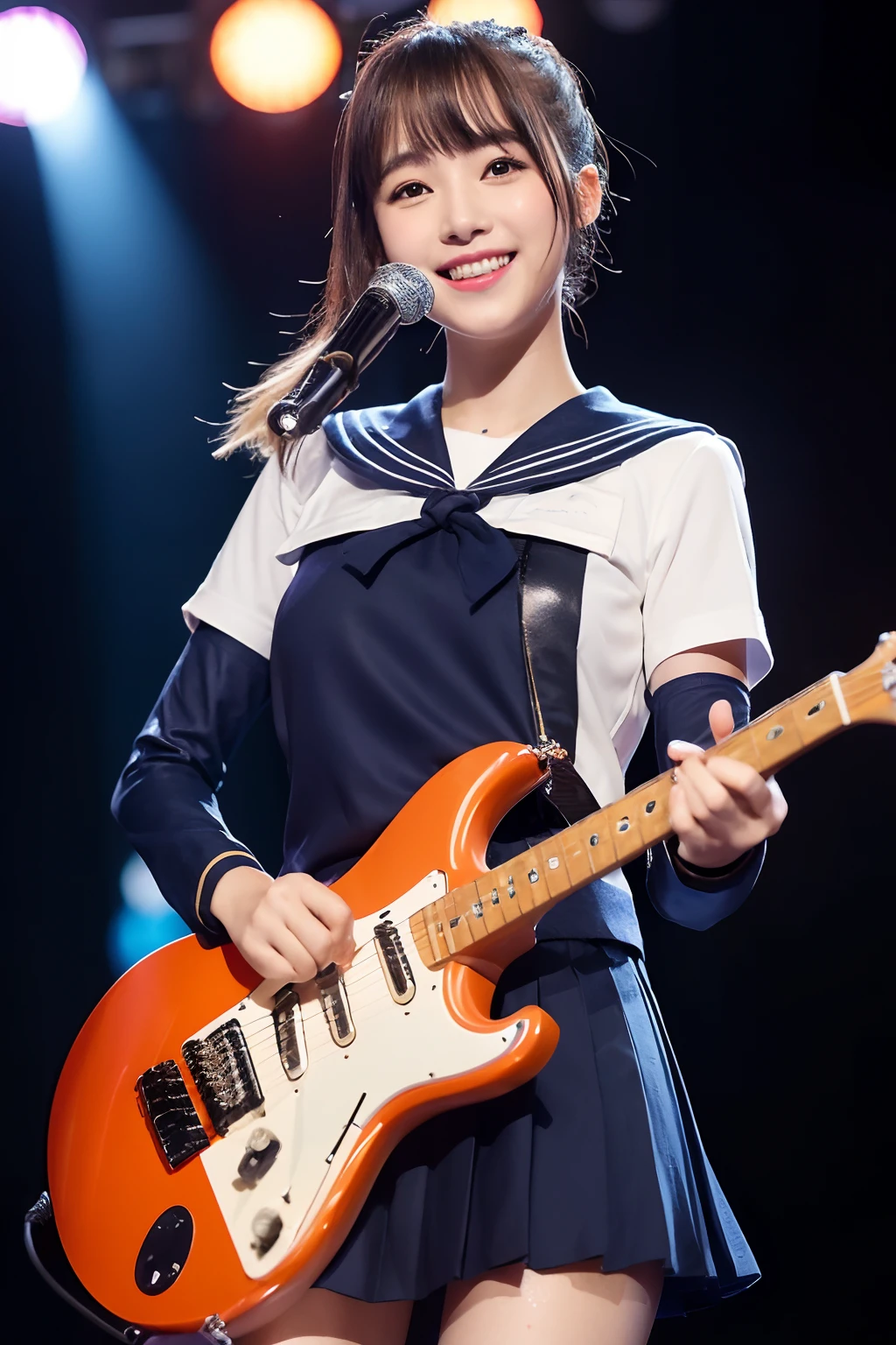 electric guitars、Japan Solo Idol,Pretty girl,A smile that makes the viewer happy,Light brown and orange two-tone shorthair,Floating hair,poneyTail、Unkempt hair,Red cheeks,red lipsticks,Stand in front of the microphone stand、(plays the electric guitar:1.3),sings,(Student Sailor Uniform:1.3)、Studio Lighting、(My whole body is drenched in sweat,Costume wet with sweat,hair wet with sweat,Face wet with sweat,Body wet with sweat,Skin shiny with sweat,), (masutepiece,top-quality,Ultra-high resolution output image,)