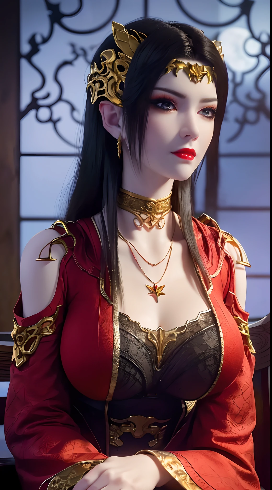 1 extremely beautiful queen, ((wearing traditional red hanfu with thin black patterns:1.6)), (((Patterns on clothes:1.6))), ((long black hair:1.6 )), elaborately crafted jewelry from precious stones and beautiful hair, (((wearing a 24k gold lace necklace:1.4))), noble, noble style of an extremely beautiful girl, Super cute little face, very pretty face, thin eyebrows, flawless beautiful face, ((black eye pupils: 0.8)), very beautiful eyes, ((platinum blue eyes: 1 ,6)), (((wide eyes: 1.6))), beautiful and detailed makeup, wet eye makeup eyelashes, high nose, earrings, red lips, ((closed mouth: 1.5) ) beautiful lips, slim arms, most beautiful thighs, ((arms behind and spread out to the sides: 1.5)), ((bent sitting position with chest out toward the audience and arms behind: 1.6) ), rosy face, clean face, flawless beautiful face, smooth white skin, (( super big and round firm breasts: 1.8)), firm breasts, beautiful cleavage, beautiful breasts, body perfect and proportioned, back arms, open chest, black sheer stockings with black lace trim, 8k photo, super high quality, hyper realistic, super 10 x pixel, optical, bright studio, bright edges, lighting two-tone, (high detail skin: 1.2), ultra 8k, soft light, high quality, volumetric light, optical, optical high resolution, light, best shot, quality 4k, 8k, smooth sharpness, 10 x pixels, ((sea and moonlight at night background: 1.5)), surreal graphics, most realistic graphics, 1 girl, alone, solo, extreme visuals sharp, surreal, (((frontal portrait: 1)))."