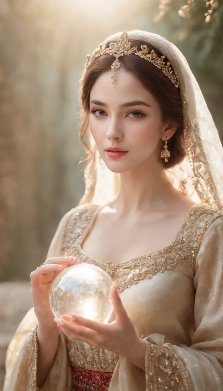(Best quality,4K,A high resolution,Masterpiece:1.2),Divine figures,Flawless face,Serene expression,Exquisite palace setting,surrealist artwork,Ethereal beauty,Angelic being,celestial glow,Elegant and elegant gesture,Golden light shines through the stained glass windows,Vivid and rich colors,Meticulous attention to detail,Elaborately drawn dresses flutter in the wind,Sublime and detached atmosphere,Delicate jewelry shines in the light,Focus on the eyes and lips,Bright skin and radiant complexion,Serenity and otherworldly presence,Hints of magic and mystery,Calm and palatial atmosphere,Heavenly and charming aesthetics,Idealized and immaculate character,Holding a magic crystal ball,casting spells,Perfect Finger,incredibly detailed