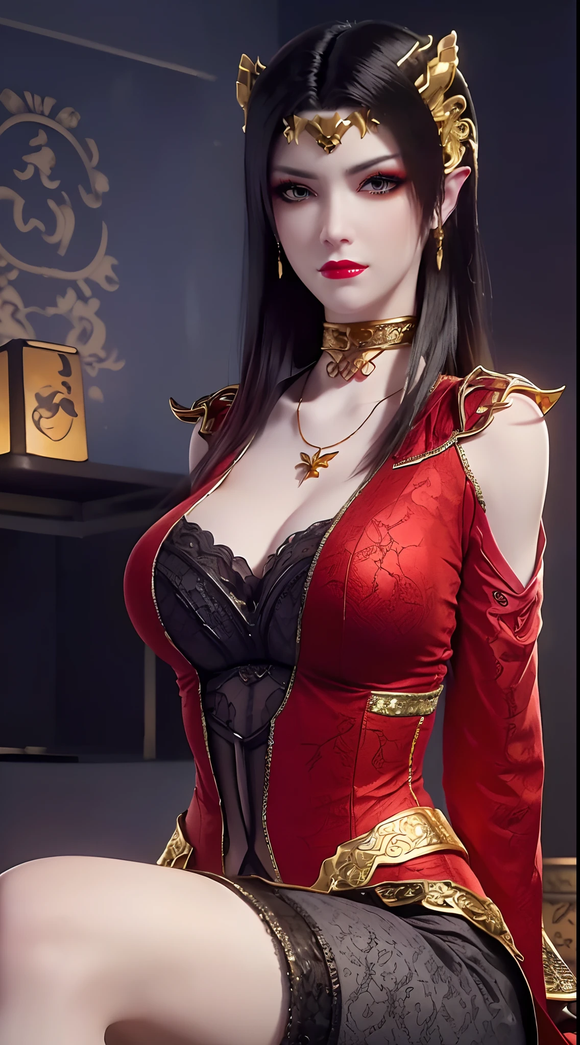 1 extremely beautiful queen, ((wearing traditional red hanfu with thin black patterns:1.6)), (((Patterns on clothes:1.6))), ((long black hair:1.6 )), elaborately crafted jewelry from precious stones and beautiful hair, (((wearing a 24k gold lace necklace:1.4))), noble, noble style of an extremely beautiful girl, Super cute little face, very pretty face, thin eyebrows, flawless beautiful face, ((black eye pupils: 0.8)), very beautiful eyes, ((platinum blue eyes: 1 ,6)), (((wide eyes: 1.6))), beautiful and detailed makeup, wet eye makeup eyelashes, high nose, earrings, red lips, ((closed mouth: 1.5) ) beautiful lips, slim arms, most beautiful thighs, ((arms behind and spread out to the sides: 1.5)), ((bent sitting position with chest out toward the audience and arms behind: 1.6) ), rosy face, clean face, flawless beautiful face, smooth white skin, (( super big and round firm breasts: 1.8)), firm breasts, beautiful cleavage, beautiful breasts, body perfect and proportioned, back arms, open chest, black sheer stockings with black lace trim, 8k photo, super high quality, hyper realistic, super 10 x pixel, optical, bright studio, bright edges, lighting two-tone, (high detail skin: 1.2), ultra 8k, soft light, high quality, volumetric light, optical, optical high resolution, light, best shot, quality 4k, 8k, smooth sharpness, 10 x pixels, ((sea and moonlight at night background: 1.5)), surreal graphics, most realistic graphics, 1 girl, alone, solo, extreme visuals sharp, surreal, (((frontal portrait: 1)))."