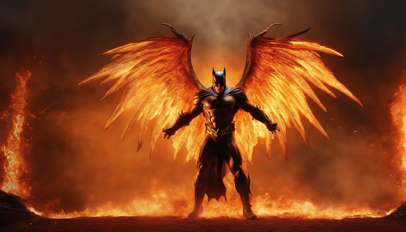 Ultra-realistic devil: A golden angel with wings spread battling with batman, fire in the background