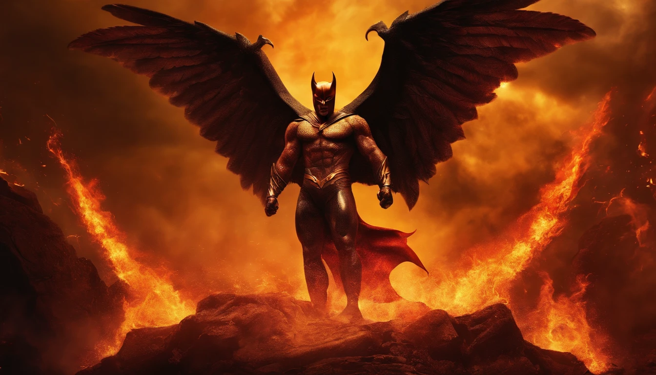 Ultra-realistic devil: A golden angel with wings spread battling with  batman, fire in the background