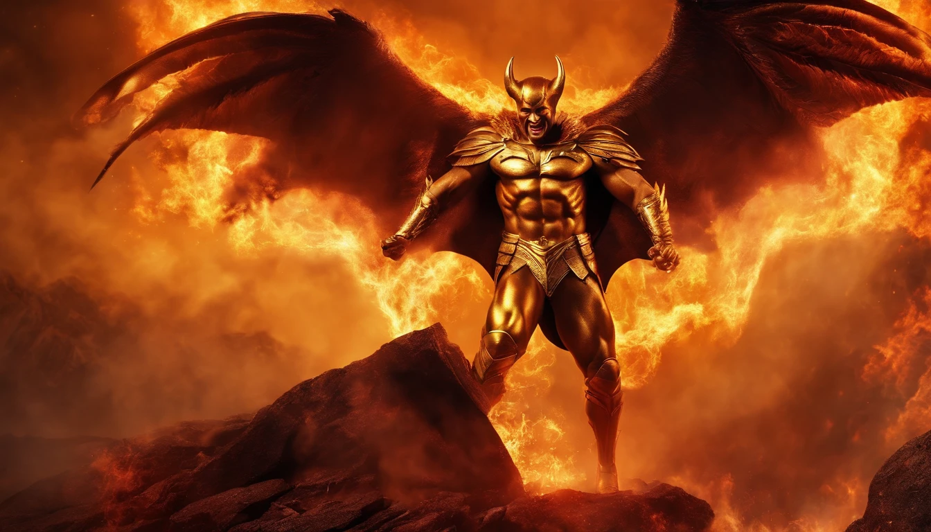Ultra-realistic devil: A golden angel with wings spread battling with batman, fire in the background