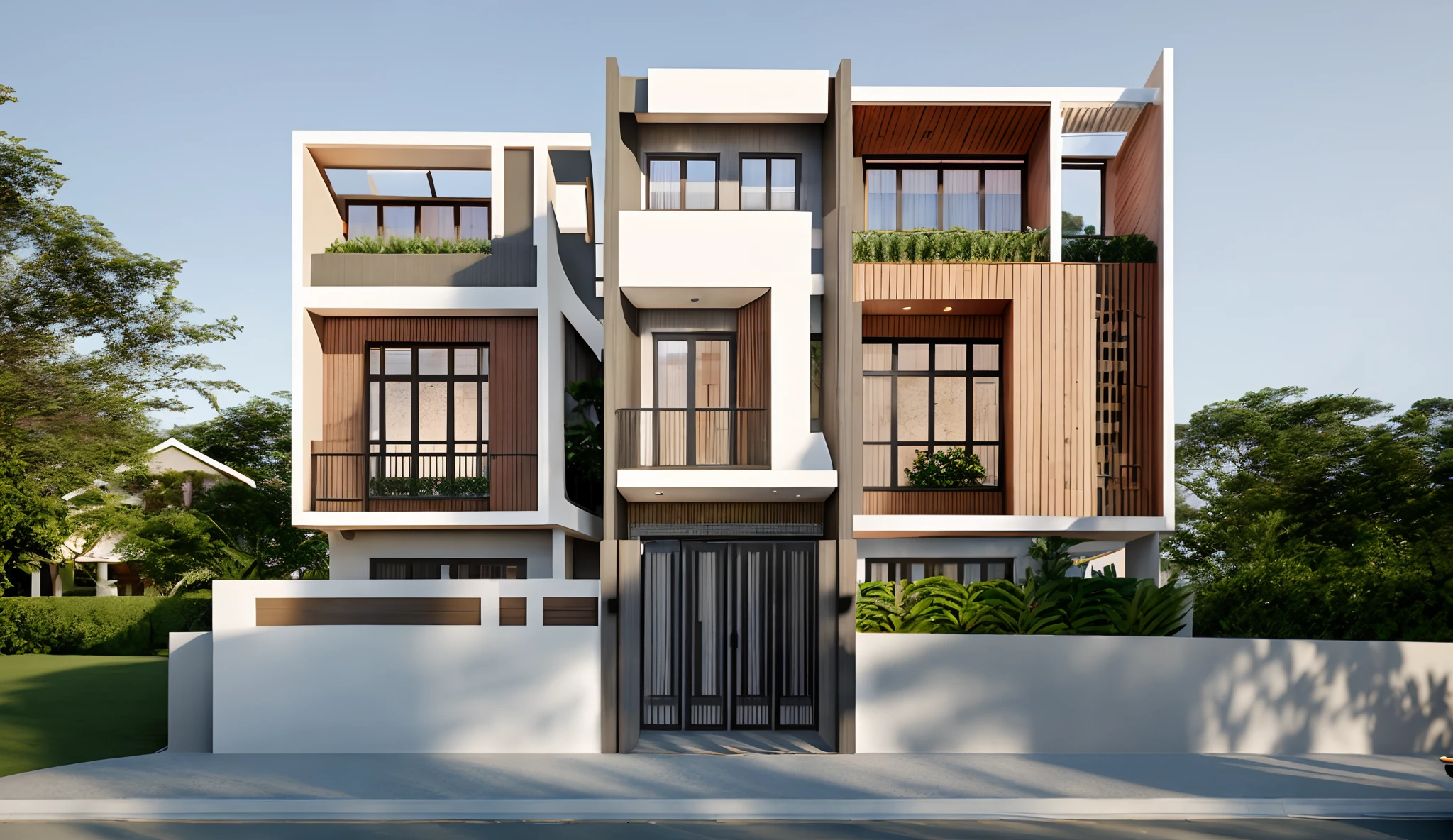 Townhouse in city, daylight,warm light, (sharp focus) front view of townhouse in style of modern, VietNam ,mutual colours, soft lighting, warm atmosphere,high Resolution, hyper detailed,4k ,vray render, hyper realistic,exterior design , professional photography, exterior photography,wide-angle shot , ultra detail , high Resolution .  all of doors and windows are made by Xingfa . have many trees , ivys, palms on the bancony. black iron frame . human and girl on the pavement. wooden ceiling. ceiling light.black iron gate.