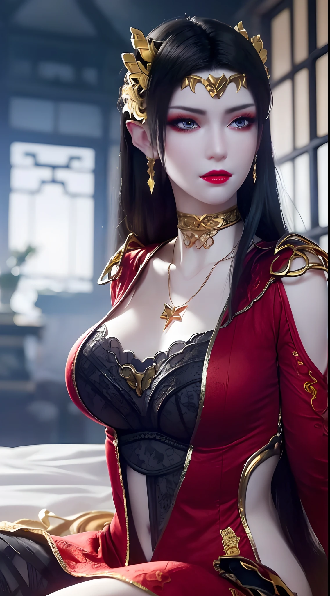 1 extremely beautiful queen, ((wearing traditional red hanfu with thin black patterns:1.6)), (((Patterns on clothes:1.6))), ((long black hair:1.6 )), elaborately crafted jewelry from precious stones and beautiful hair, (((wearing a 24k gold lace necklace:1.4))), noble, noble style of an extremely beautiful girl, Super cute little face, very pretty face, thin eyebrows, flawless beautiful face, ((black eye pupils: 0.8)), very beautiful eyes, ((platinum blue eyes: 1 ,6)), (((wide eyes: 1.6))), beautiful and detailed makeup, wet eye makeup eyelashes, high nose, earrings, red lips, ((closed mouth: 1.5) ) beautiful lips, slim arms, most beautiful thighs, ((arms behind and spread out to the sides: 1.5)), ((bent sitting position with chest out toward the audience and arms behind: 1.6) ), rosy face, clean face, flawless beautiful face, smooth white skin, (( super big and round firm breasts: 1.8)), firm breasts, beautiful cleavage, beautiful breasts, body perfect and proportioned, back arms, open chest, black sheer stockings with black lace trim, 8k photo, super high quality, hyper realistic, super 10 x pixel, optical, bright studio, bright edges, lighting two-tone, (high detail skin: 1.2), ultra 8k, soft light, high quality, volumetric light, optical, optical high resolution, light, best shot, quality 4k, 8k, smooth sharpness, 10 x pixels, ((sea and moonlight at night background: 1.5)), surreal graphics, most realistic graphics, 1 girl, alone, solo, extreme visuals sharp, surreal, (((frontal portrait: 1)))."
