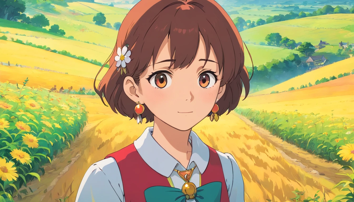 A girl wearing an anime collar, Play on the farm，A long necklace and earrings, colorful animation stills,