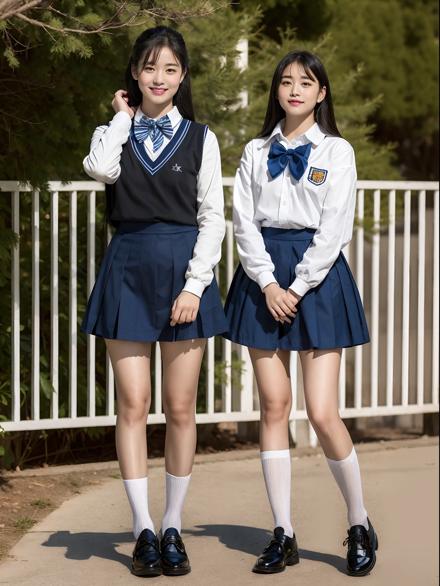 girls standing in school classroom,school uniform with blue plaid bow tie,18-year-old,bangs,a little smiles,thighs,knees,short cut hair,low ponytail,from below