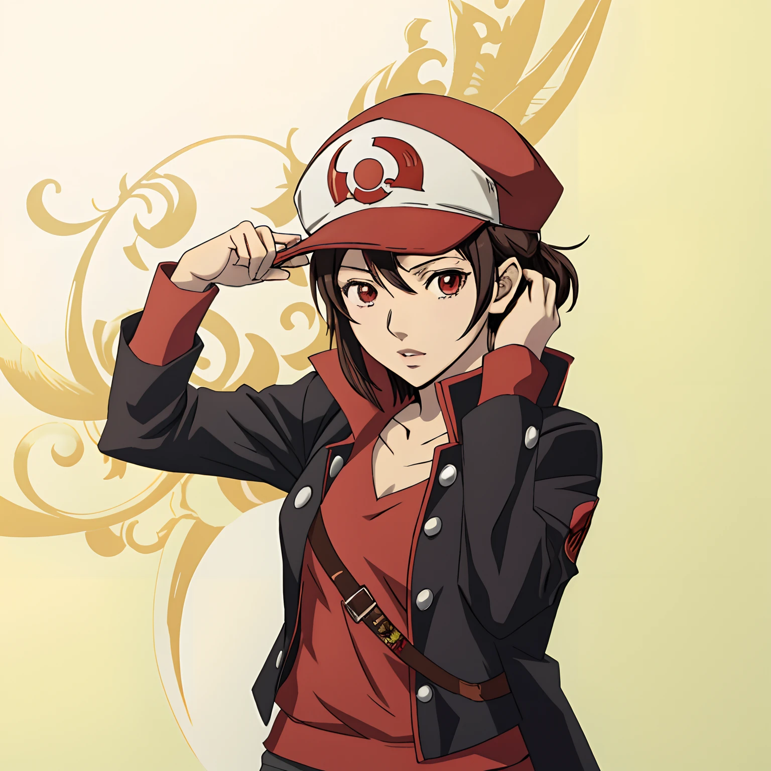 Anime girl in a red and black jacket and a red hat, Akihiko Yoshida!, inspirado em Junpei Satoh, inspirado em Akihiko Yoshida, Estilo Eiichiro Oda, Akihiko Yoshida 8 mil, Fanart de alta qualidade, Gatilho Estilo de Arte de Anime, Estilo anime 2D, em estilo anime, em estilo anime, inspirado em Kun Can