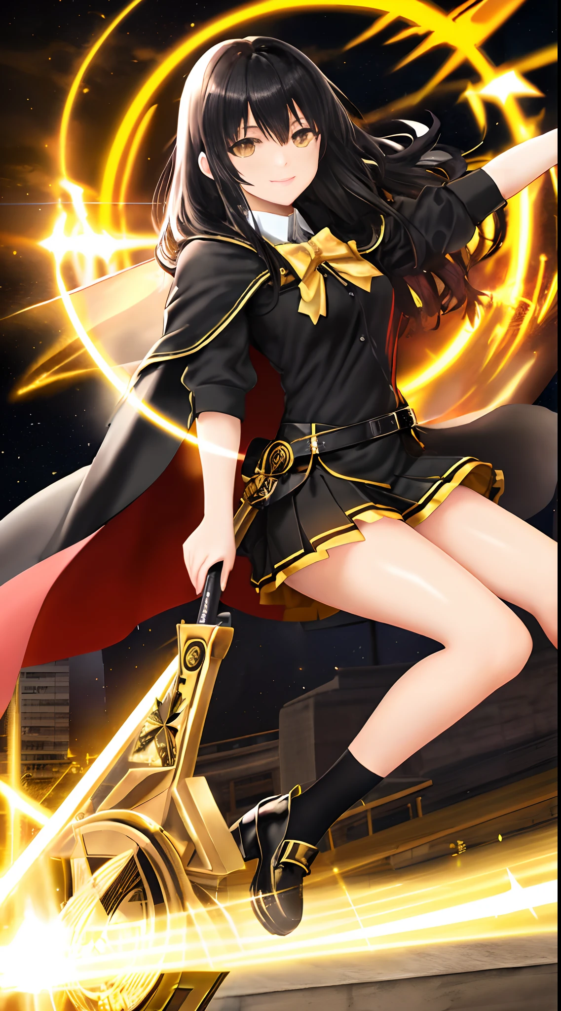 Full Body, black-haired young girl, yellow eyes, angelic body and face, and black high school uniform dress with a mini skirt, holding a shield, wear a cloak, and golden hairpin, sitting on the throne of golden light, red wings, sunrise, and, high rise building background scene, the magic circle with a diamond star, innocent smile, stable diffusion v5, anime style v3, lora style v5, dynamic, image enhance, dream shape, vibrant, realistic face, 32k resolution, upscale, sharp focus, best quality, masterpiece, ghostmix, flat color, flat light.