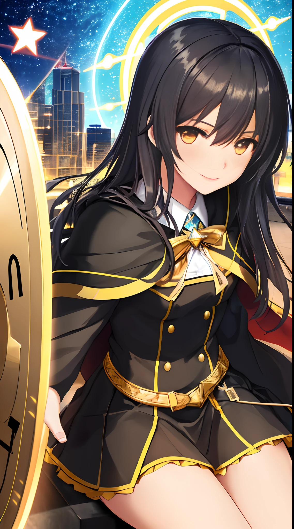 Full Body, black-haired young girl, yellow eyes, angelic body and face, and black high school uniform dress with a mini skirt, holding a shield, wear a cloak, and golden hairpin, sitting on the throne of golden light, red wings, sunrise, and, high rise building background scene, the magic circle with a diamond star, innocent smile, stable diffusion v5, anime style v3, lora style v5, dynamic, image enhance, dream shape, vibrant, realistic face, 32k resolution, upscale, sharp focus, best quality, masterpiece, ghostmix, flat color, flat light.