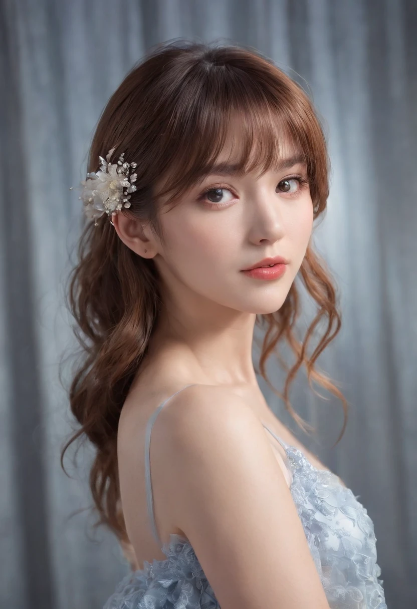 (masterpiece), (best quality), (ultra detailed),(disheveled hair),(illustration), (1girl), (Fashionable clothing), standing, Fashion model, looking at viewer, (interview), (simple background),beautiful detailed eyes, delicate beautiful face, Floating,(high saturation),(colorful splashes),colorful bubble,(shining), focus on face, ponytail, kamisato ayaka, light blue hair, bangs, hair ring, floating flowers, floating hairs, (shining), best lighting, best shadow,