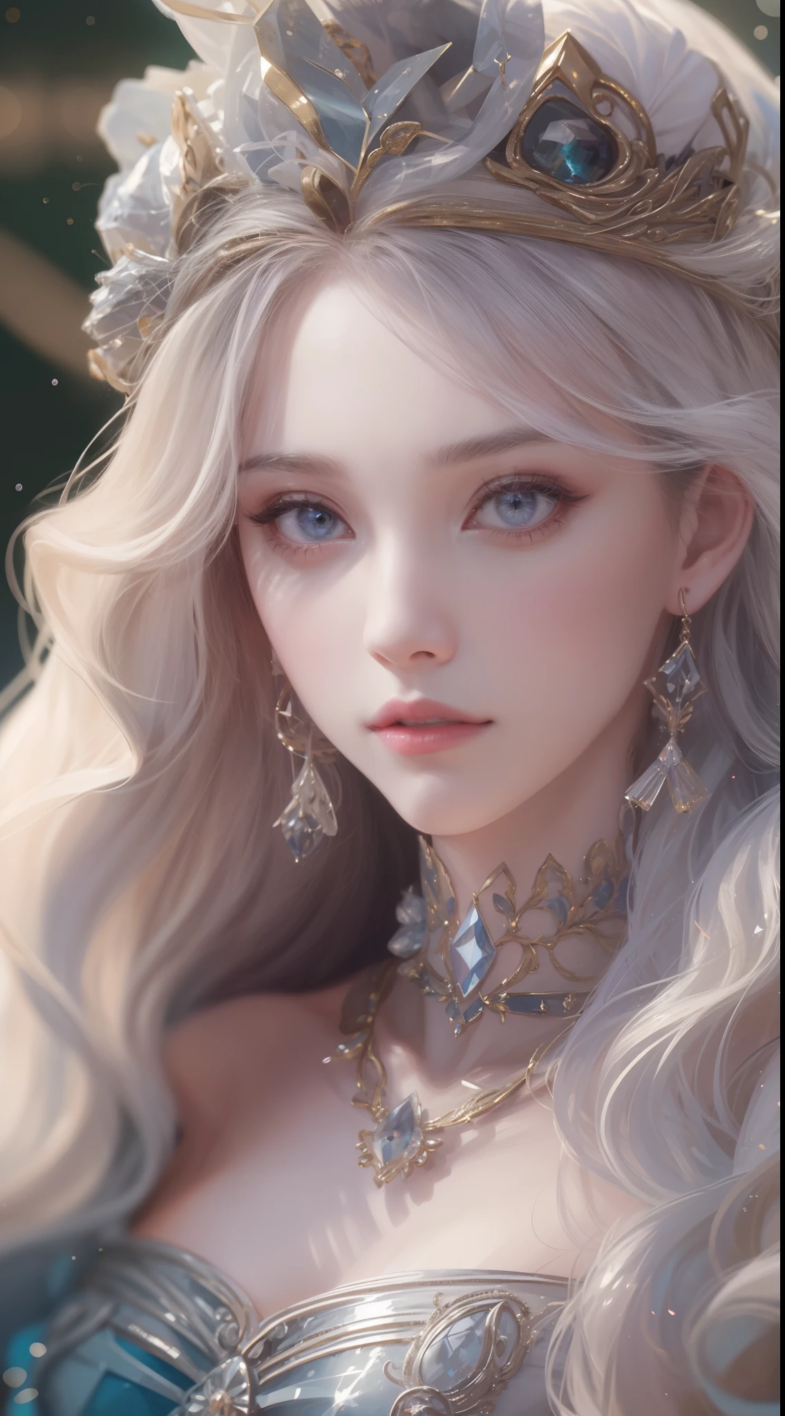 tmasterpiece, Highest high resolution,High-quality content, 8K quality photos with excellent detail, Perfect for presenting dynamic busts of noble maidens, Delicate curves, Bend hair to create gorgeous and intricate fabric textures, Plain purple eyes, Delicate floral decoration, Sparkling crystal jewelry, Mysterious and dreamy atmosphere,Highly focused and subtle details,upscaled。