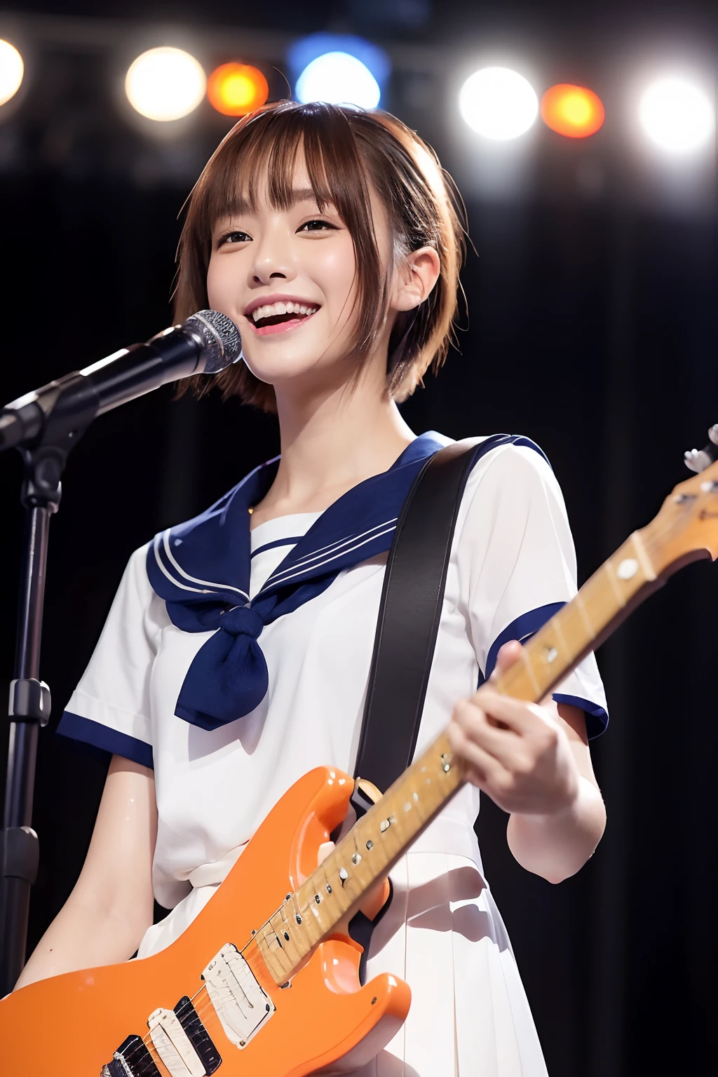 electric guitars、Japan Solo Idol,Pretty girl,A smile that makes the viewer happy,Light brown and orange two-tone shorthair,Floating hair,poneyTail、Unkempt hair,Red cheeks,red lipsticks,Stand in front of the microphone stand、(plays the electric guitar:1.3),sings,(Student Sailor Uniform:1.3)、Studio Lighting、(My whole body is drenched in sweat,Costume wet with sweat,hair wet with sweat,Face wet with sweat,Body wet with sweat,Skin shiny with sweat,), (masutepiece,top-quality,Ultra-high resolution output image,)