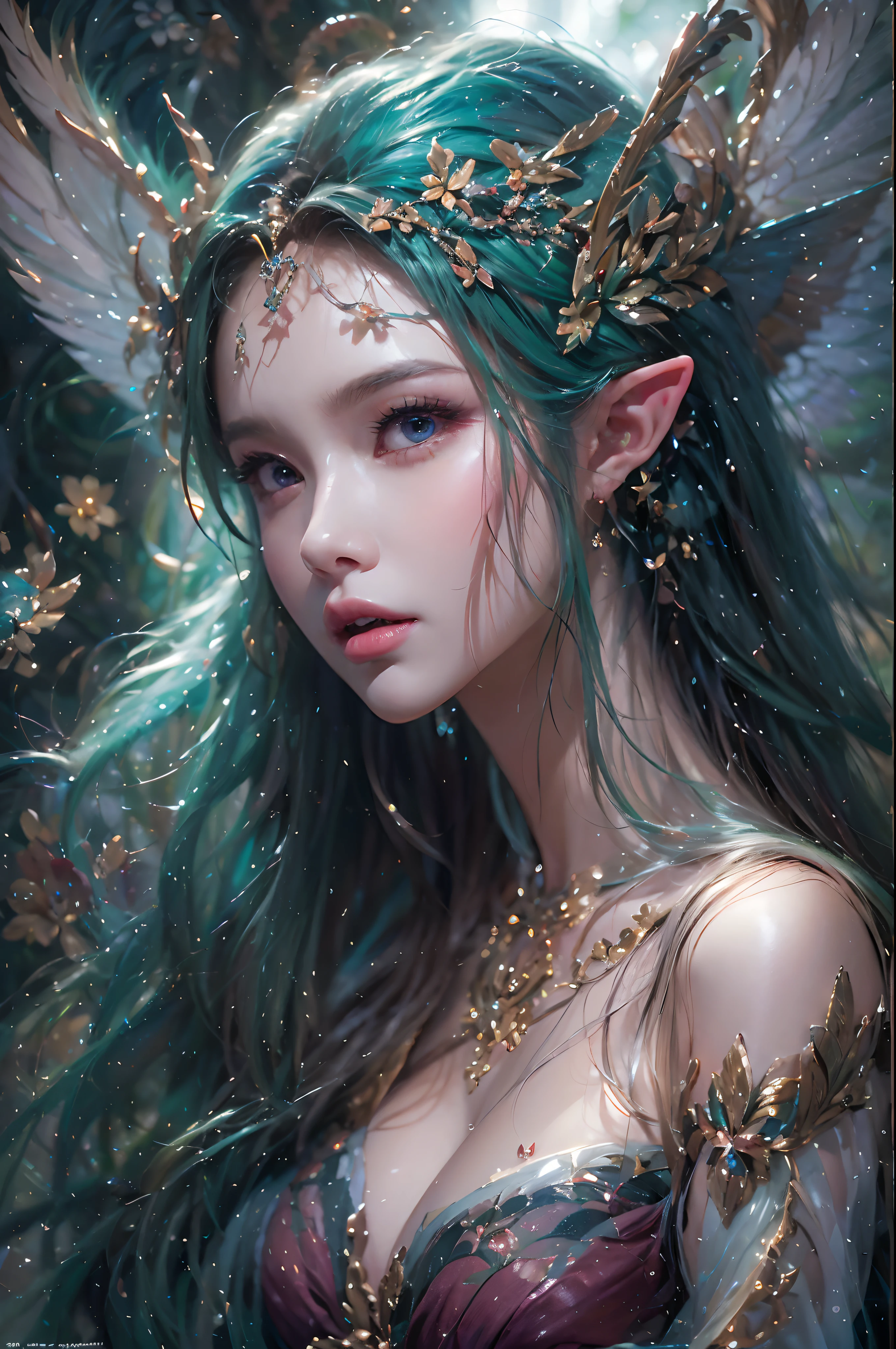 ( Absurd, High quality, Ultra-detailed, Masterpiece, concept-art, smooth, high detail artwork, Hyper-realistic painting ) , elf, Plum elf, plum , Transparent fairy wings, huge tit,low chest,fairytale-like, Romantic, Vivid, Whole body, In nature with waterfalls,pureerosface_v1,ulzzang-6500-v1.1,