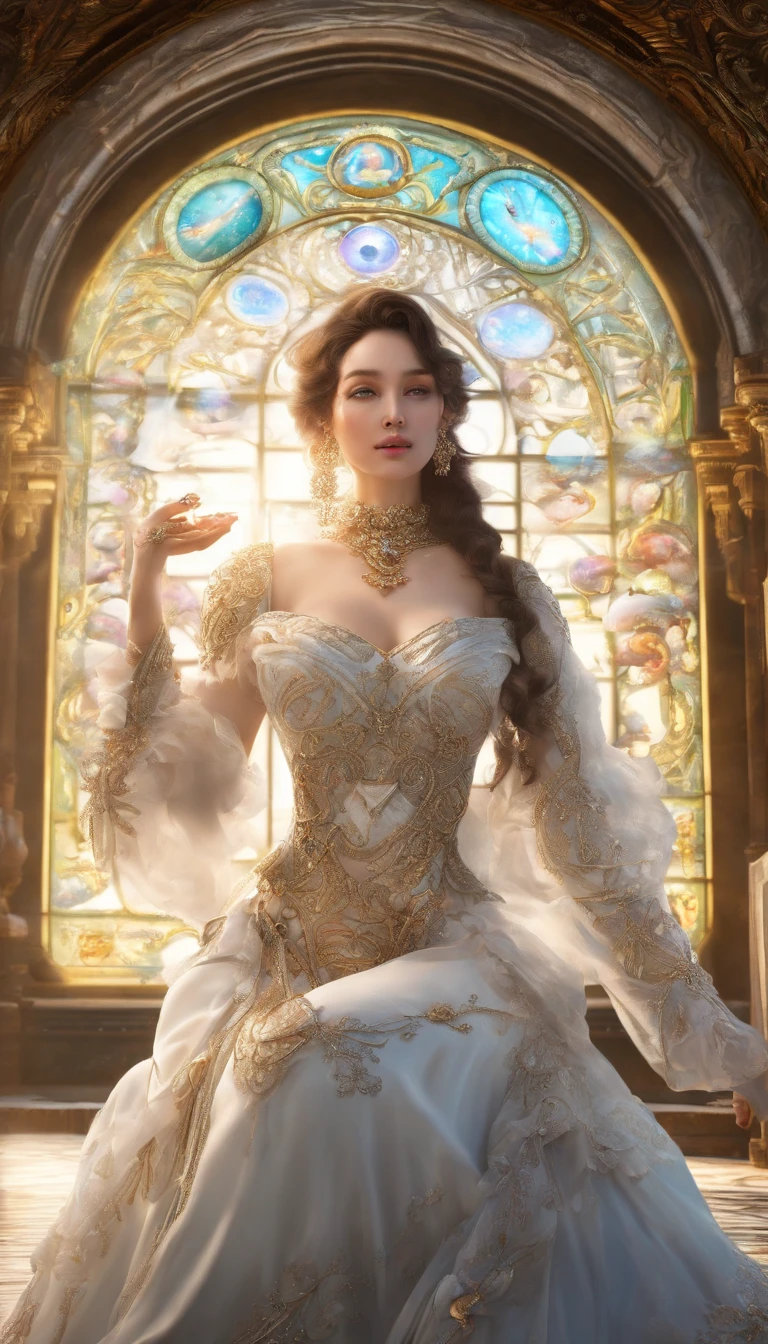 (Best quality,4K,A high resolution,Masterpiece:1.2),Divine figures,Flawless face,Serene expression,Exquisite palace setting,surrealist artwork,Ethereal beauty,Angelic being,celestial glow,Elegant and elegant gesture,Golden light shines through the stained glass windows,Vivid and rich colors,Meticulous attention to detail,Elaborately drawn dresses flutter in the wind,Sublime and detached atmosphere,Delicate jewelry shines in the light,Focus on the eyes and lips,Bright skin and radiant complexion,Serenity and otherworldly presence,Hints of magic and mystery,Calm and palatial atmosphere,Heavenly and charming aesthetics,Idealized and immaculate character,Holding a magic crystal ball,casting spells,Perfect Finger,incredibly detailed