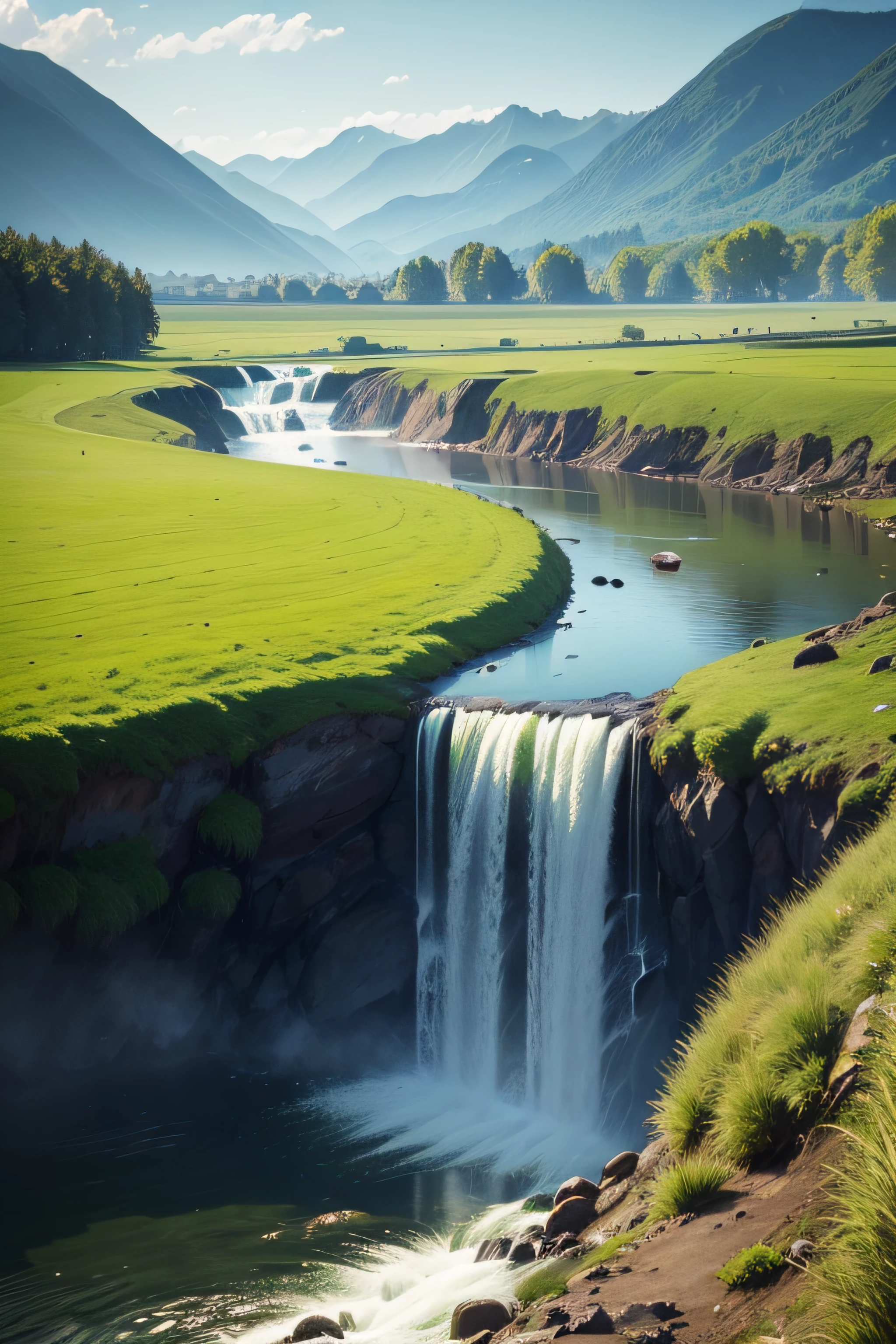 green mountains,flowingwater,grassy fields