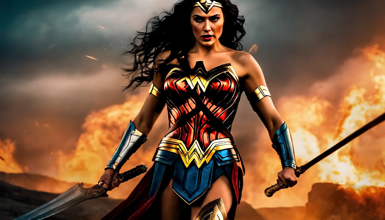 wonder woman as a spartan warrior, dying on battlefield , bloody armor, epic, 8k