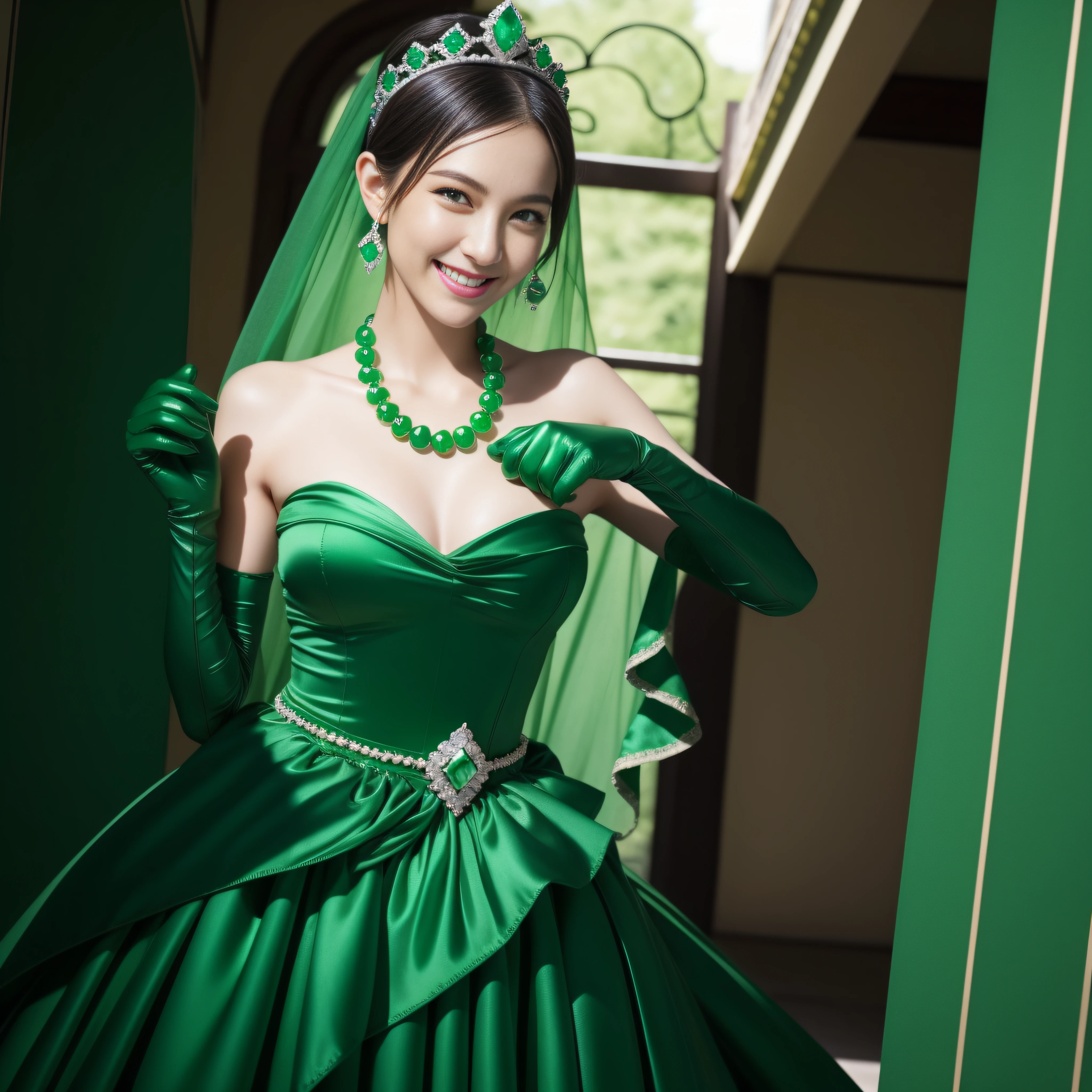 emerald tiara, Green Pearl Necklace, Boyish very short black hair, lipsticks, Japan woman smiling, very short short hair, big breasts beautiful, Green eyes, Long green gloves made of satin material, Green eyes, Emerald Earrings