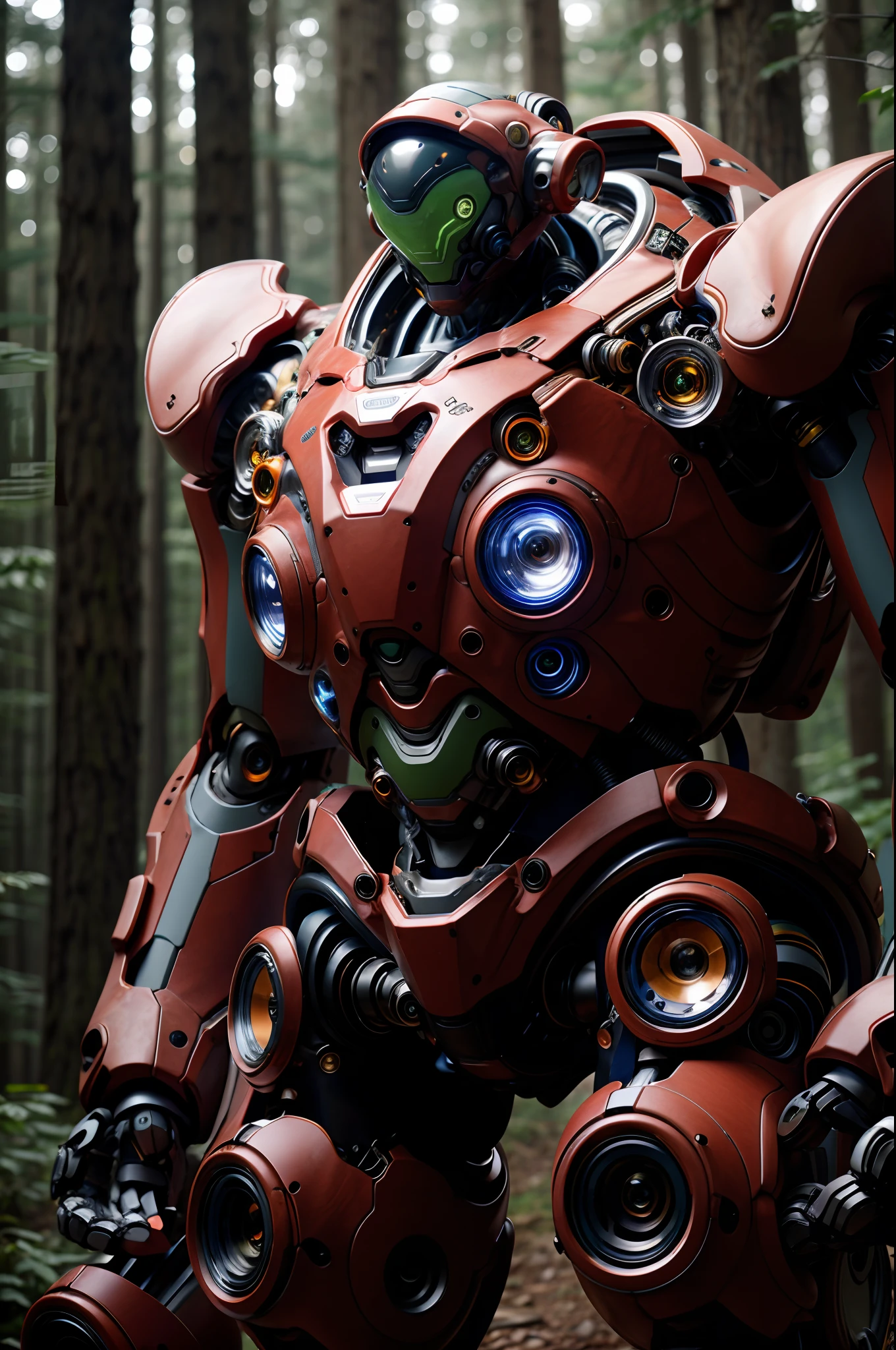 Robots wearing spacesuits, on the forest, macro, blurry lens, studio, RTX,