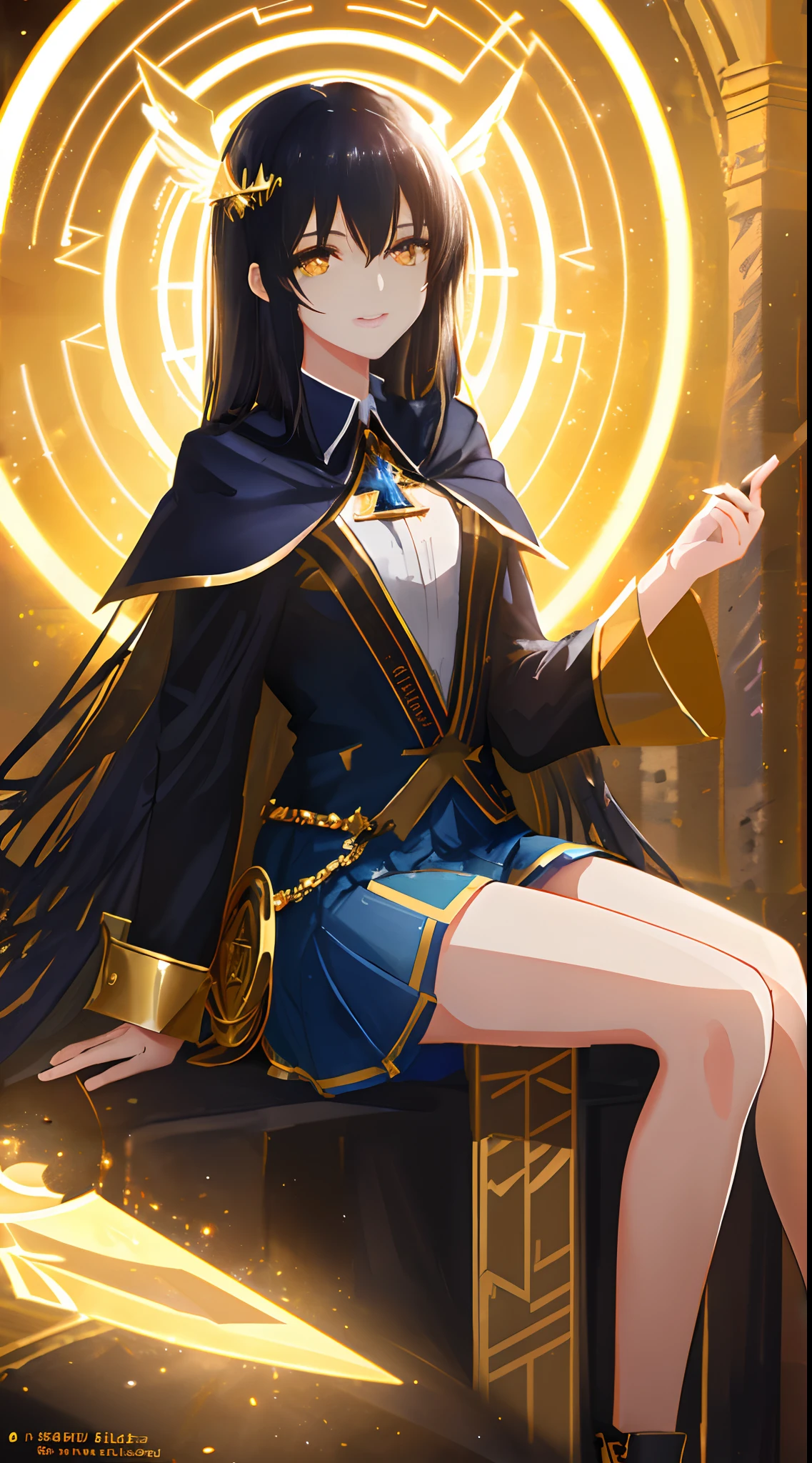 Full Body, black-haired young girl, yellow eyes, angelic body and face, and blue crystal dress with a mini skirt, holding a shield, wear a cloak, and golden hairpin, sitting on the throne of golden light, red wings, sunrise, and, high rise building background scene, the magic circle with a diamond star, innocent smile, stable diffusion v5, anime style v3, lora style v5, dynamic, image enhance, dream shape, vibrant, realistic face, 32k resolution, upscale, sharp focus, best quality, masterpiece, ghostmix, flat color, flat light.