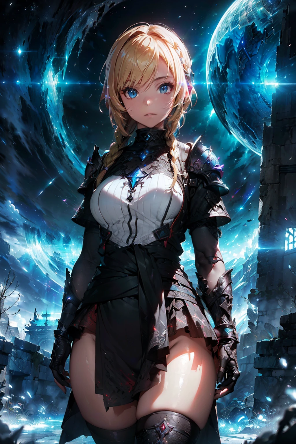 (((From face to the waist view::1. 4))), realistic skin texture, front view::1.0, (((Final Fantasy aesthetic style))) in complex & hyper detailed white fantasy armor (((lava glow effect))), panning photography::1, midnight hour illumination, short blonde hair & long braid, (masterpiece), best quality, perfect face, 8k