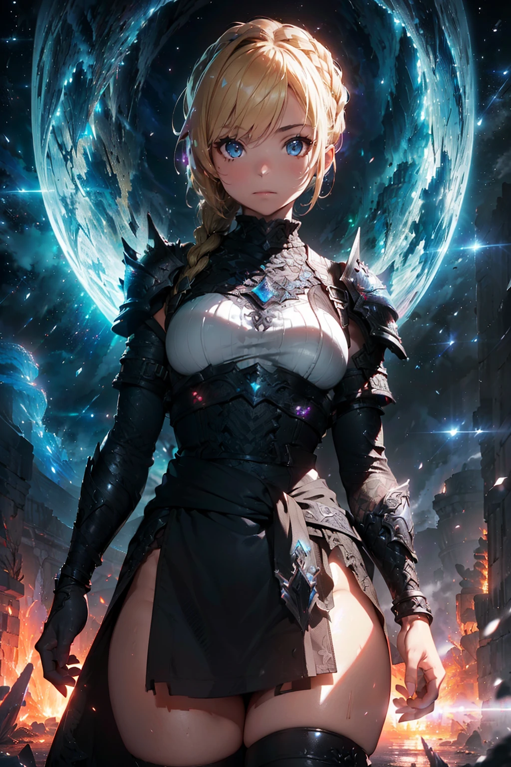 (((From face to the waist view::1. 4))), realistic skin texture, front view::1.0, (((Final Fantasy aesthetic style))) in complex & hyper detailed white fantasy armor (((lava glow effect))), panning photography::1, midnight hour illumination, short blonde hair & long braid, (masterpiece), best quality, perfect face, 8k